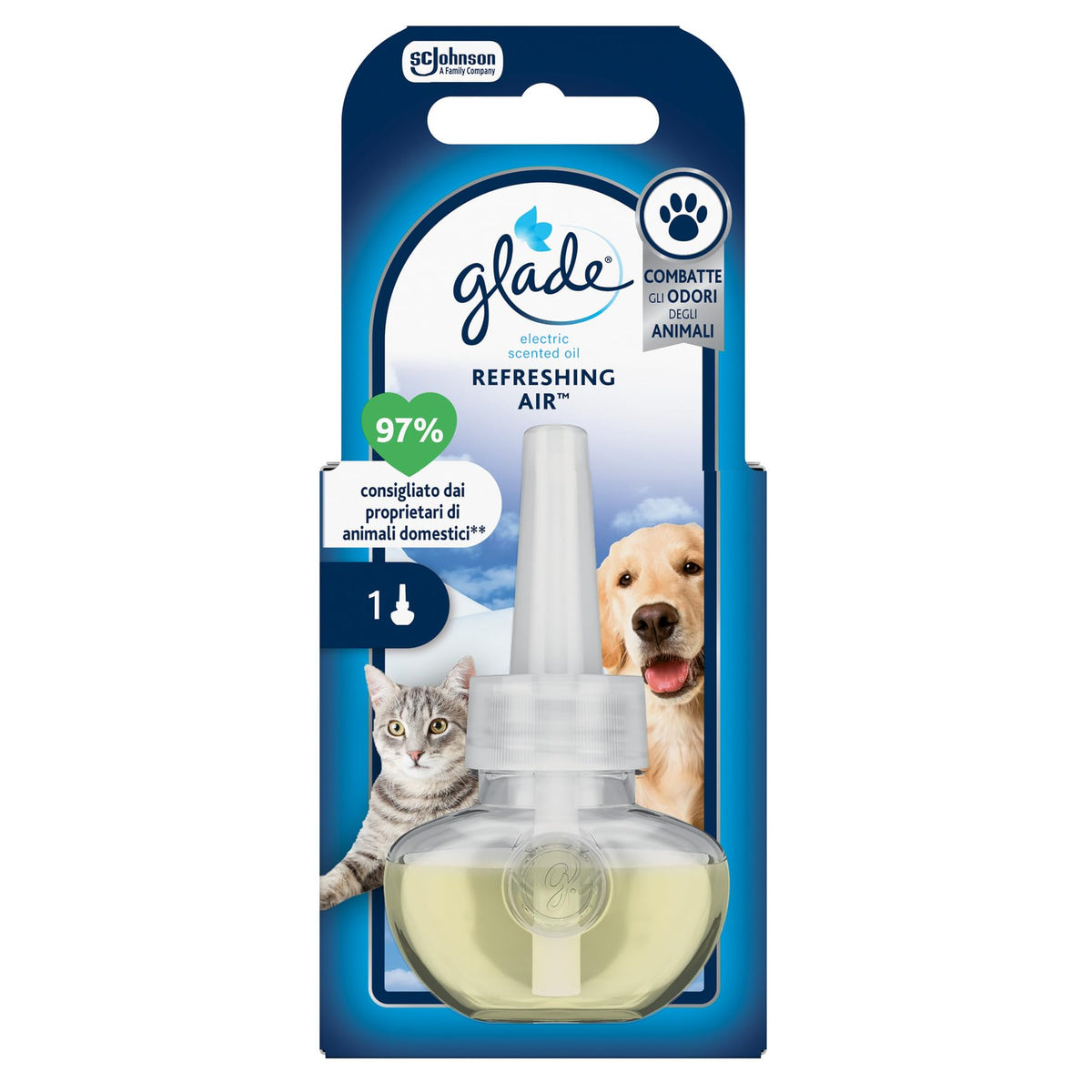 Glade diffusore elettrico Profumatore per Ambienti con Olii Essenziali, Fragranza Refreshing Air™, Combatte gli odori degli animali domestici, 1 Ricarica