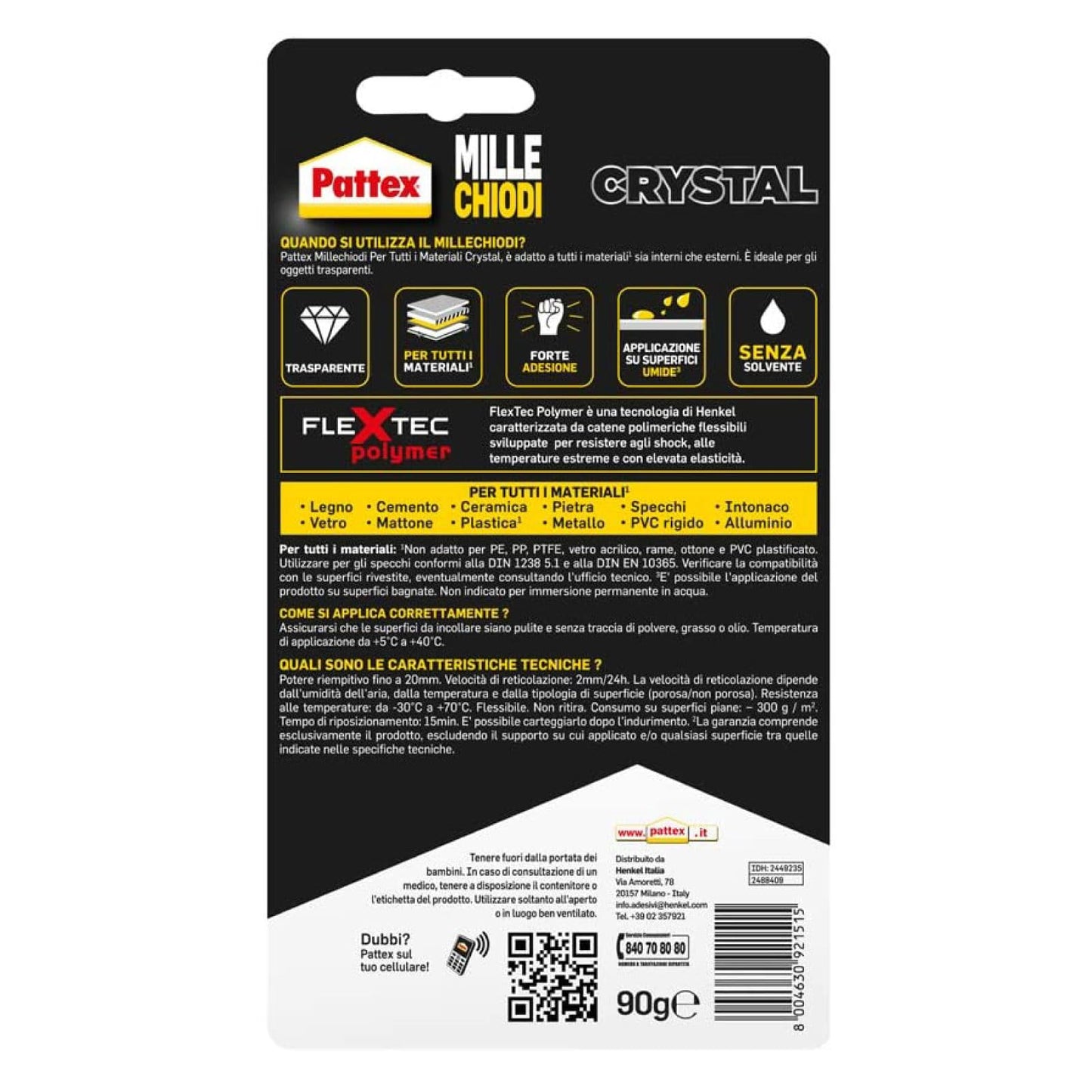 Pattex Millechiodi Crystal Adesivo Sigillante Trasparente Multimateriale con Tecnologia Flextec Colla per Vetri e Specchi - 3 Flaconi da 90g