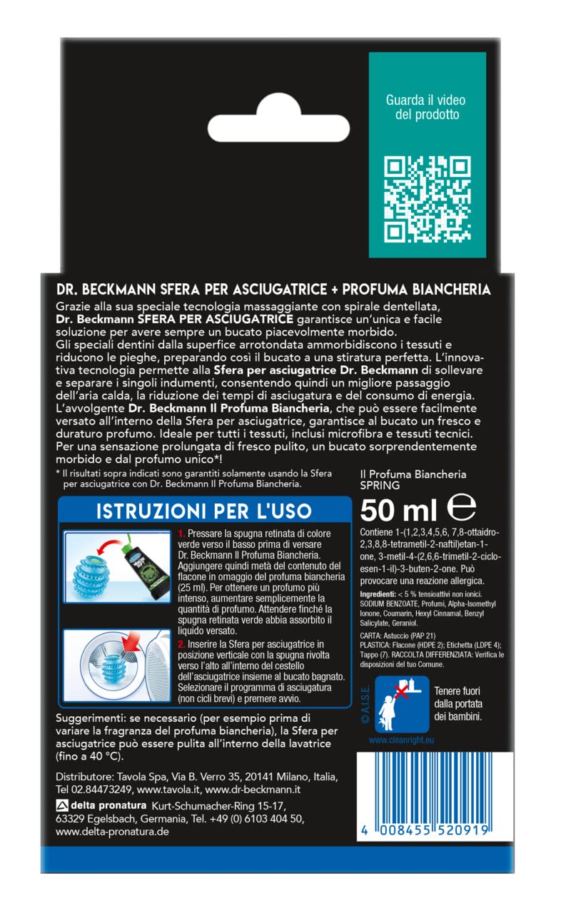 Dr.Beckmann Sfera per asciugatrice | Per un bucato fresco | Riempibile con il Profuma Biancheria | Riduce i tempi per l'asciugatura | 50 ml