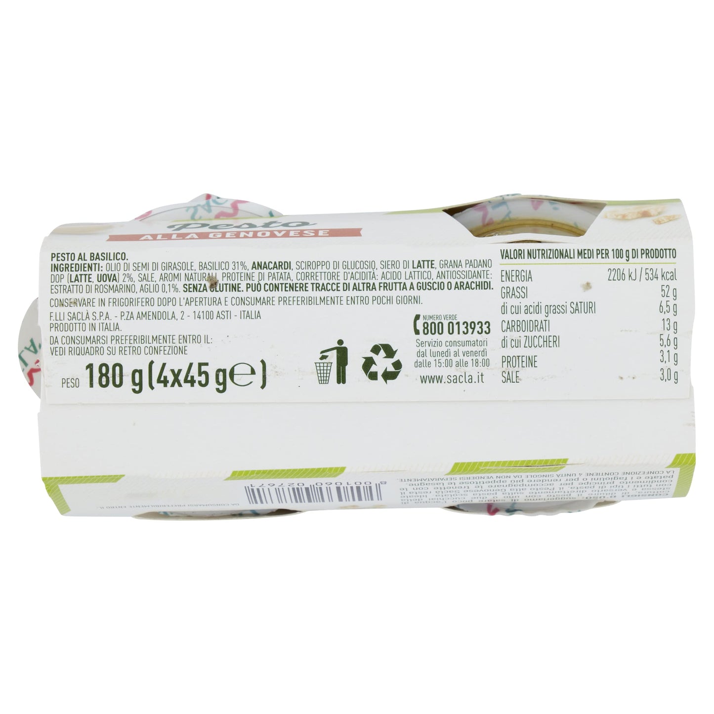 Saclà, Pesto alla Genovese 4xME, Condimento per Pasta e per Arricchire i Tuoi Piatti, con Basilico Italiano, 4 Monoporzioni da 45g, 180g, Confezione da 6 pezzi