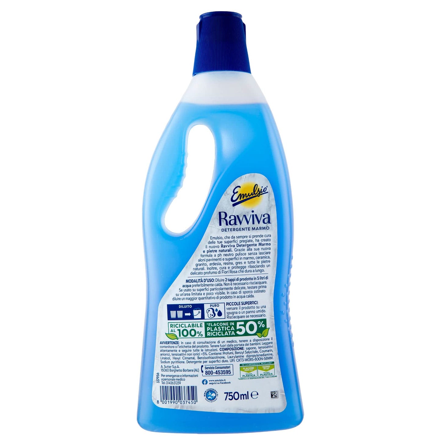 Emulsio Ravviva Marmo Detergente Pavimenti per Ceramica Granito Ardesia Resina Gres Pietre Naturali Formula a pH Neutro ad Azione Protettiva Profumo di Fiori Rosa a Lunga Durata - 3 Flaconi da 750ml