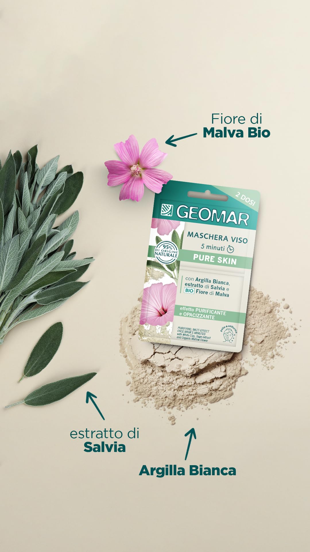 GEOMAR | Maschera Viso Pure Skin, con Argilla Bianca, Estratto di Salvia, BIO Fiore di Malva, Olio di Crusca di Riso ed Estratto di Salice, 95% di Origine Naturale, Made in Italy, 6 x 15 ml