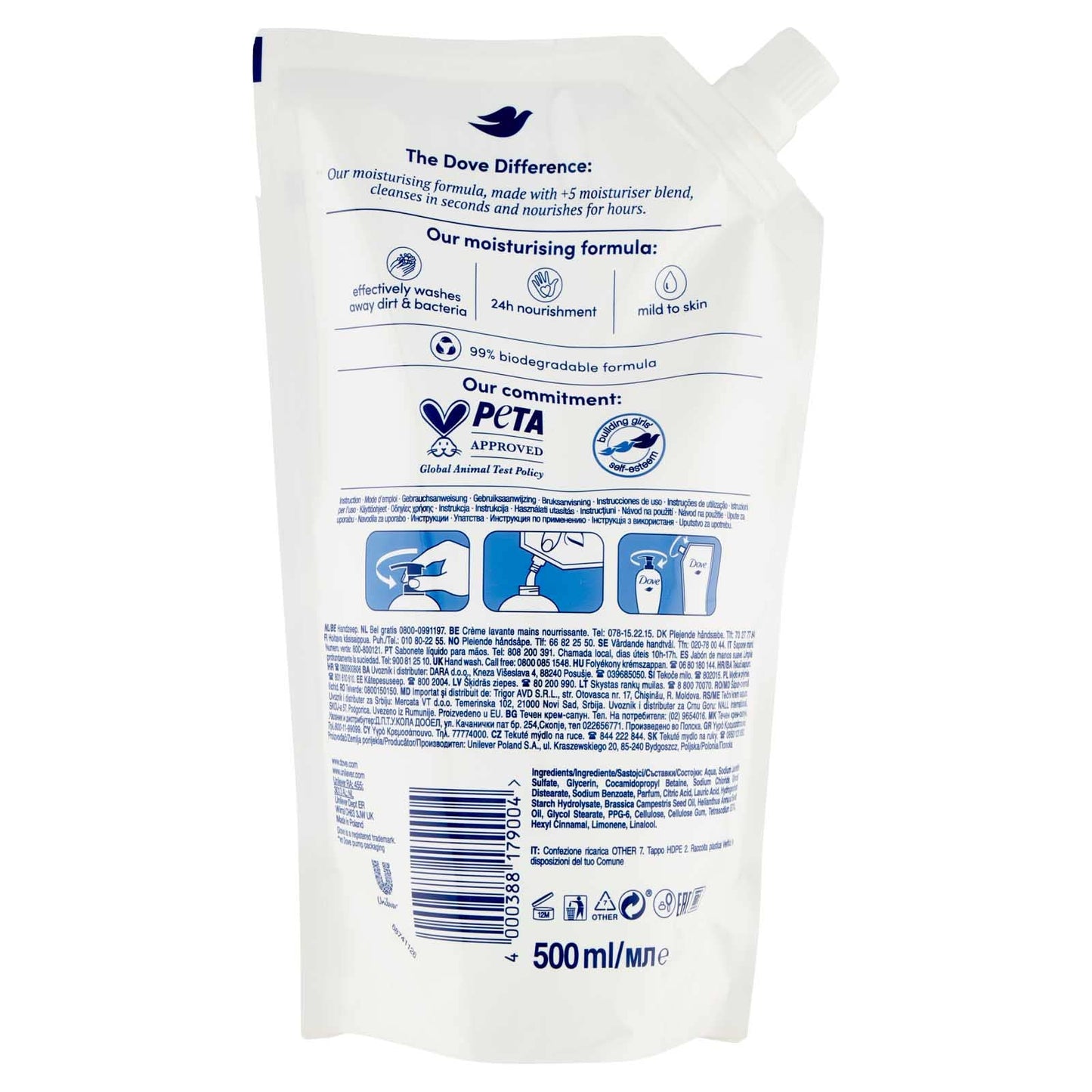 6x Dove Eco-Ricarica Nutrimento Profondo Detergente Liquido Idratante Sapone Mani Effetto Rivitalizzante - 6 Ricariche da 500ml