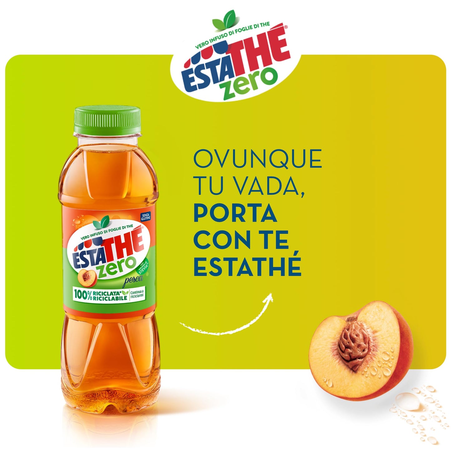 Estathé Zero Pesca - The Freddo, Senza Zucchero, con Vero Infuso di Foglie di The e Succo di Pesca, Bevanda Analcolica Senza Glutine, 12 Bottiglie da 0,4 lt
