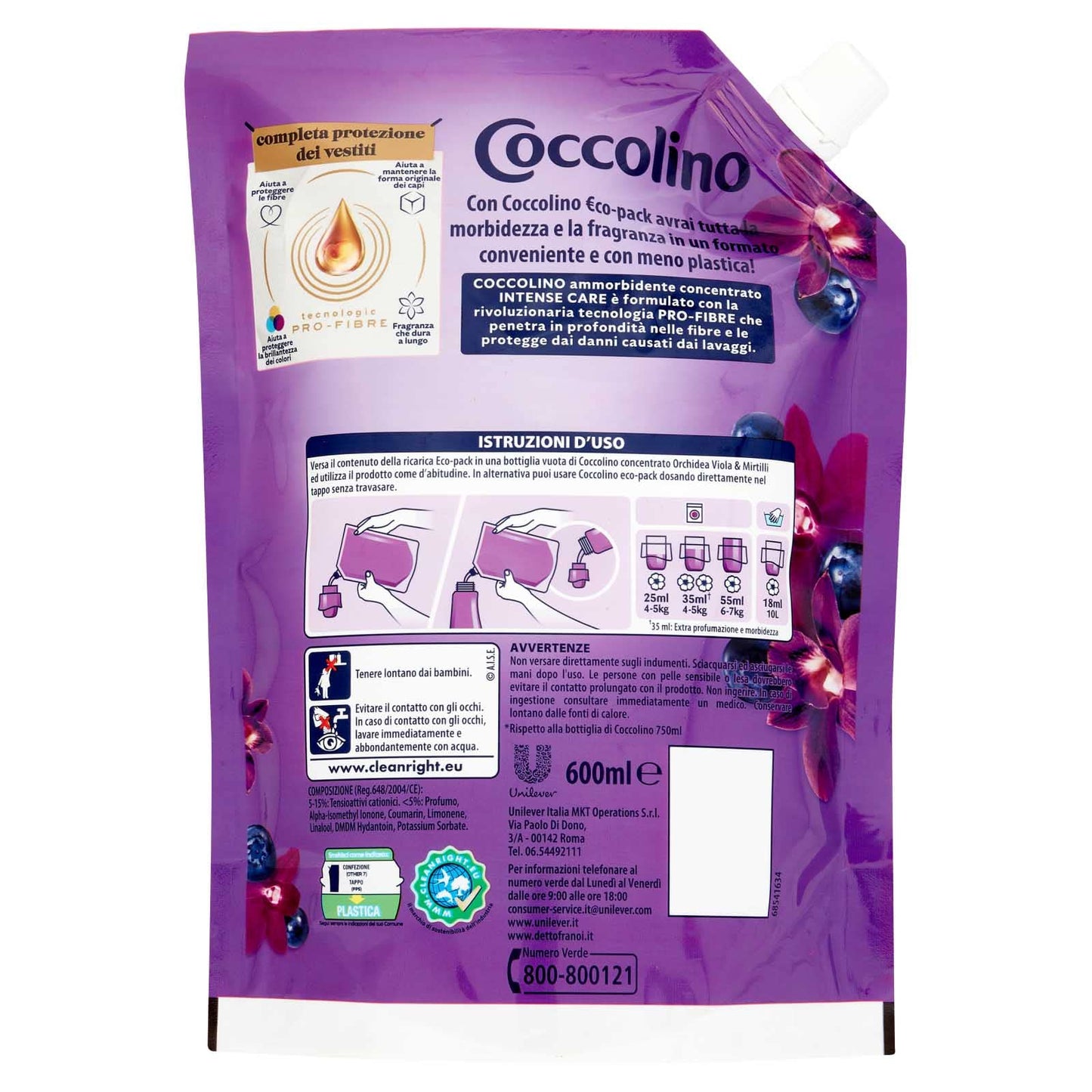 6x Coccolino Intense Care Ammorbidente Concentrato Profumo Orchidea Viola e Mirtilli 144 Lavaggi Totali - 6 Flaconi da 600 ml Ognuno