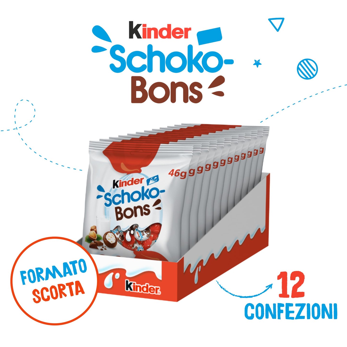 Kinder Schoko-Bons - Cioccolatini al Latte Ricoperti di Cioccolato Kinder con un Soffice Cuore al Latte e Granella di Nocciole, Senza Glutine, 12 Confezioni da 46 gr