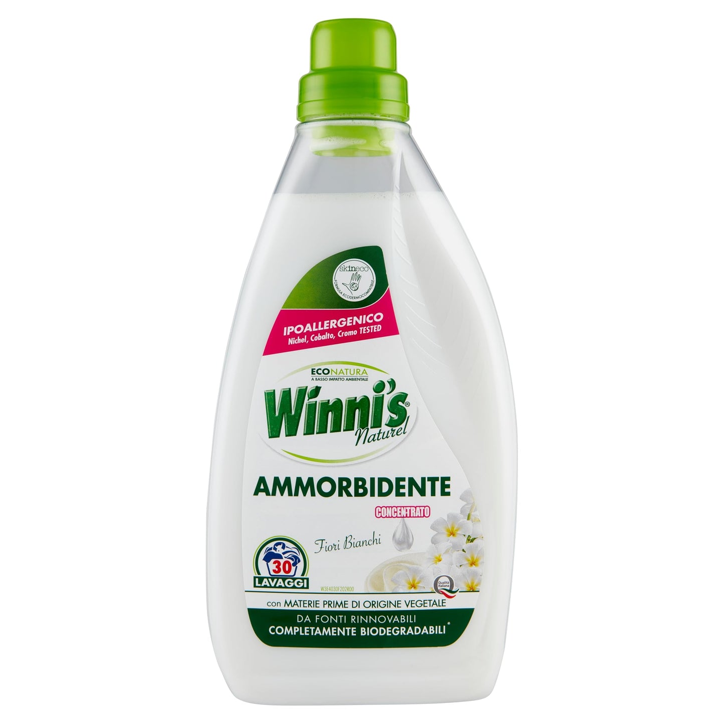 Winni's - Ammorbidente Lavatrice Concentrato Ipoallergenico, 30 Lavaggi, Adatto alle Pelli più Sensibili, Fragranza Fiori Bianchi, con Materie Prime di Origine Vegetale, 750 ml