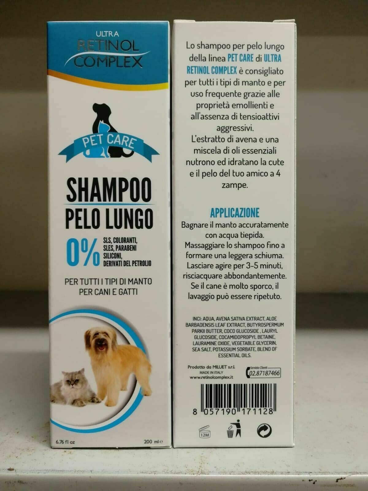 Shampoo Cani e Gatti Pelo Lungo Ml 200.No coloranti,No parabeni,No Silicone.