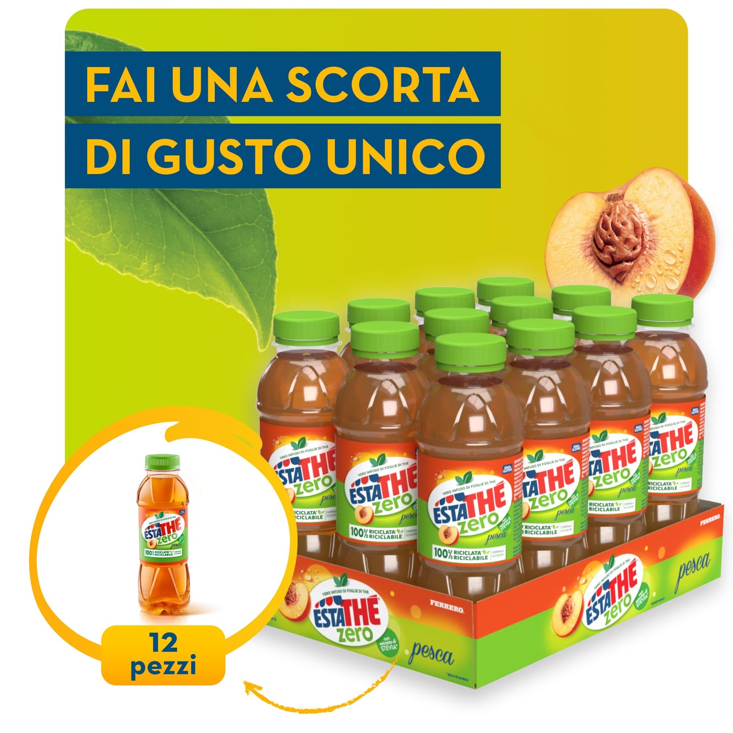Estathé Zero Pesca - The Freddo, Senza Zucchero, con Vero Infuso di Foglie di The e Succo di Pesca, Bevanda Analcolica Senza Glutine, 12 Bottiglie da 0,4 lt