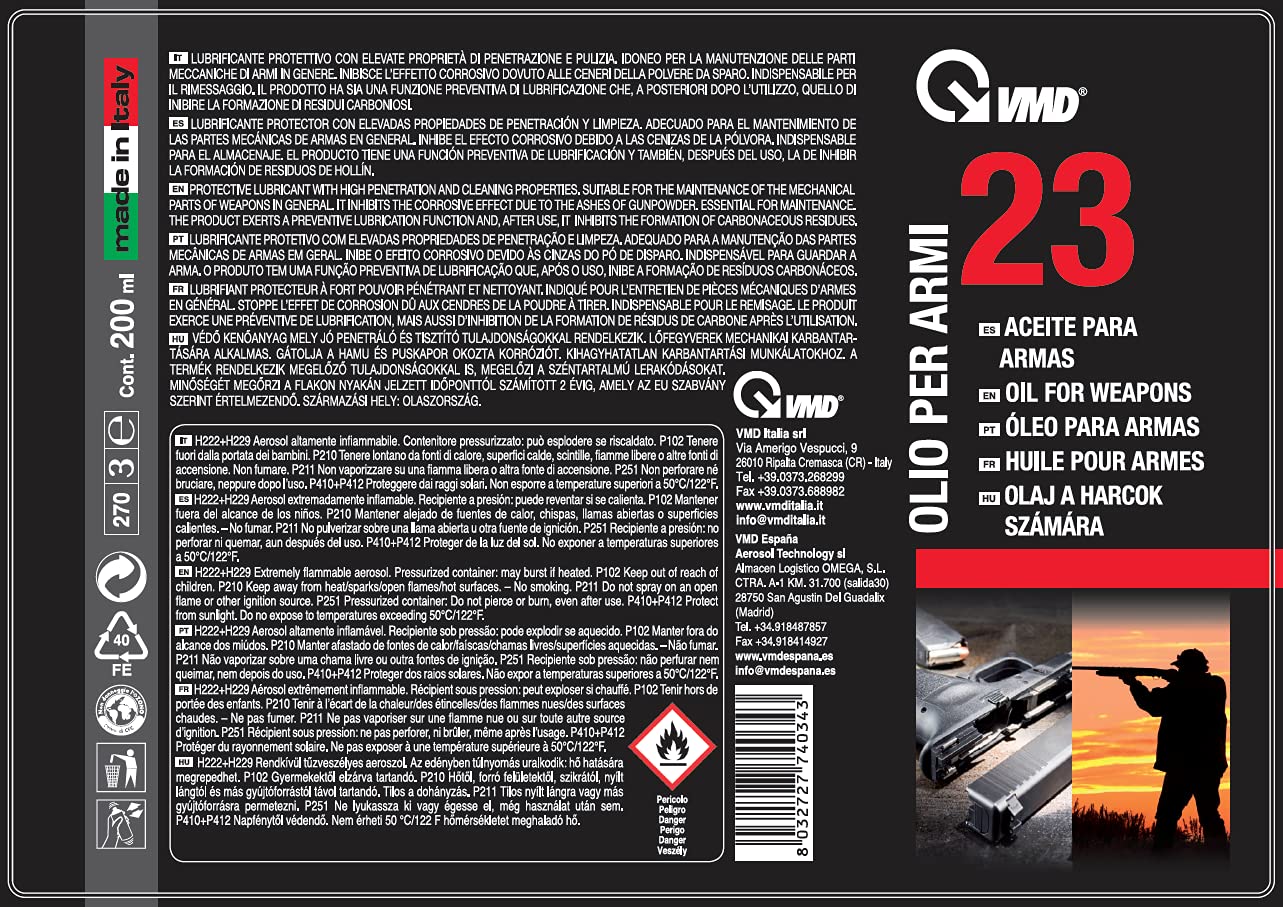 VMD Italia - VMD 23 - Olio per Armi, Lubrificante Protettivo, Spray con elevate Proprietà di Penetrazione e Pulizia, Inibisce l’Effetto Corrosivo delle Ceneri della Polvere da Sparo - 200 ml
