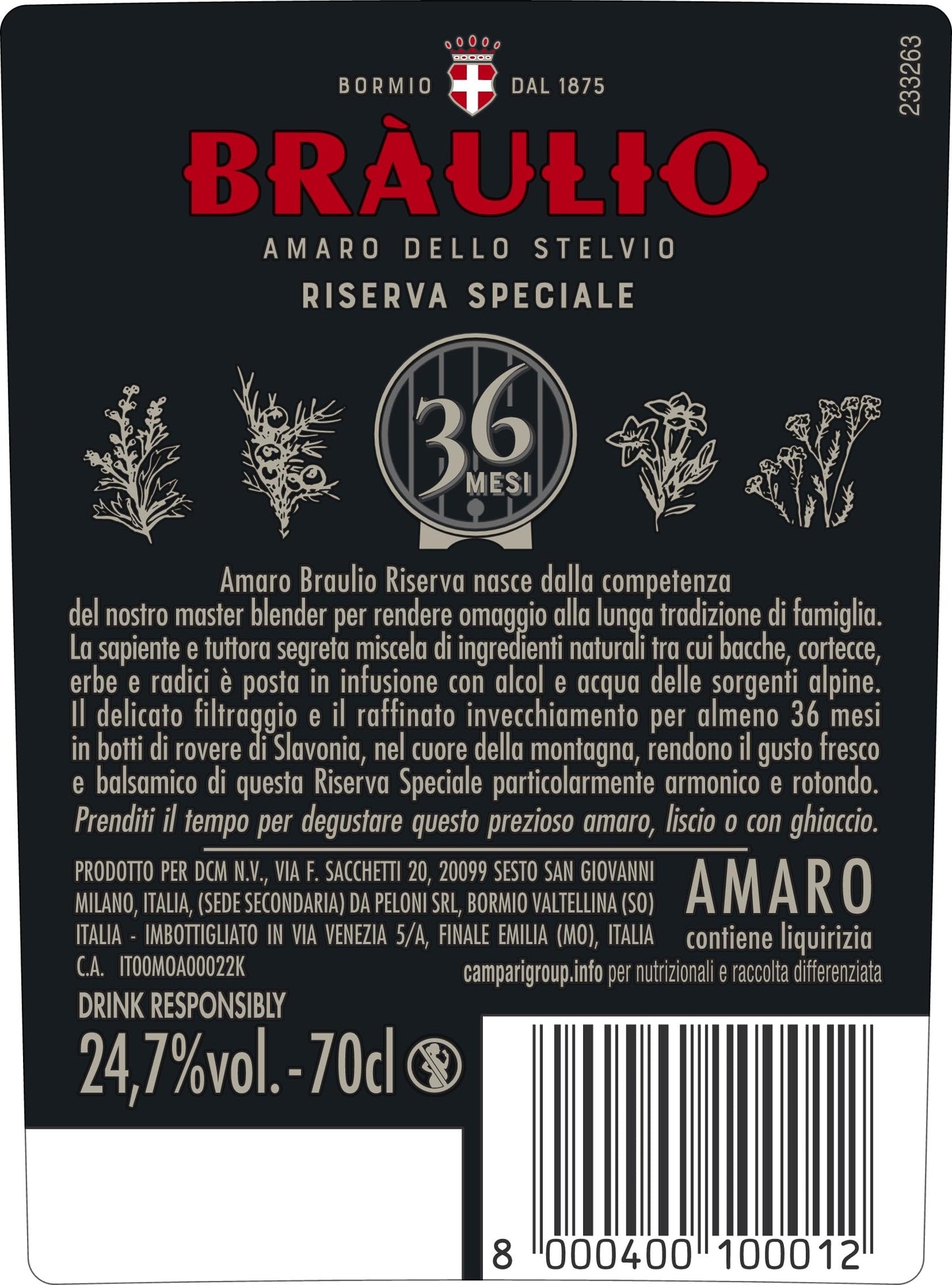 Braulio Riserva Speciale - Amaro dello Stelvio alle Erbe, 70 cl, Invecchiato 36 Mesi, 24,7% Vol