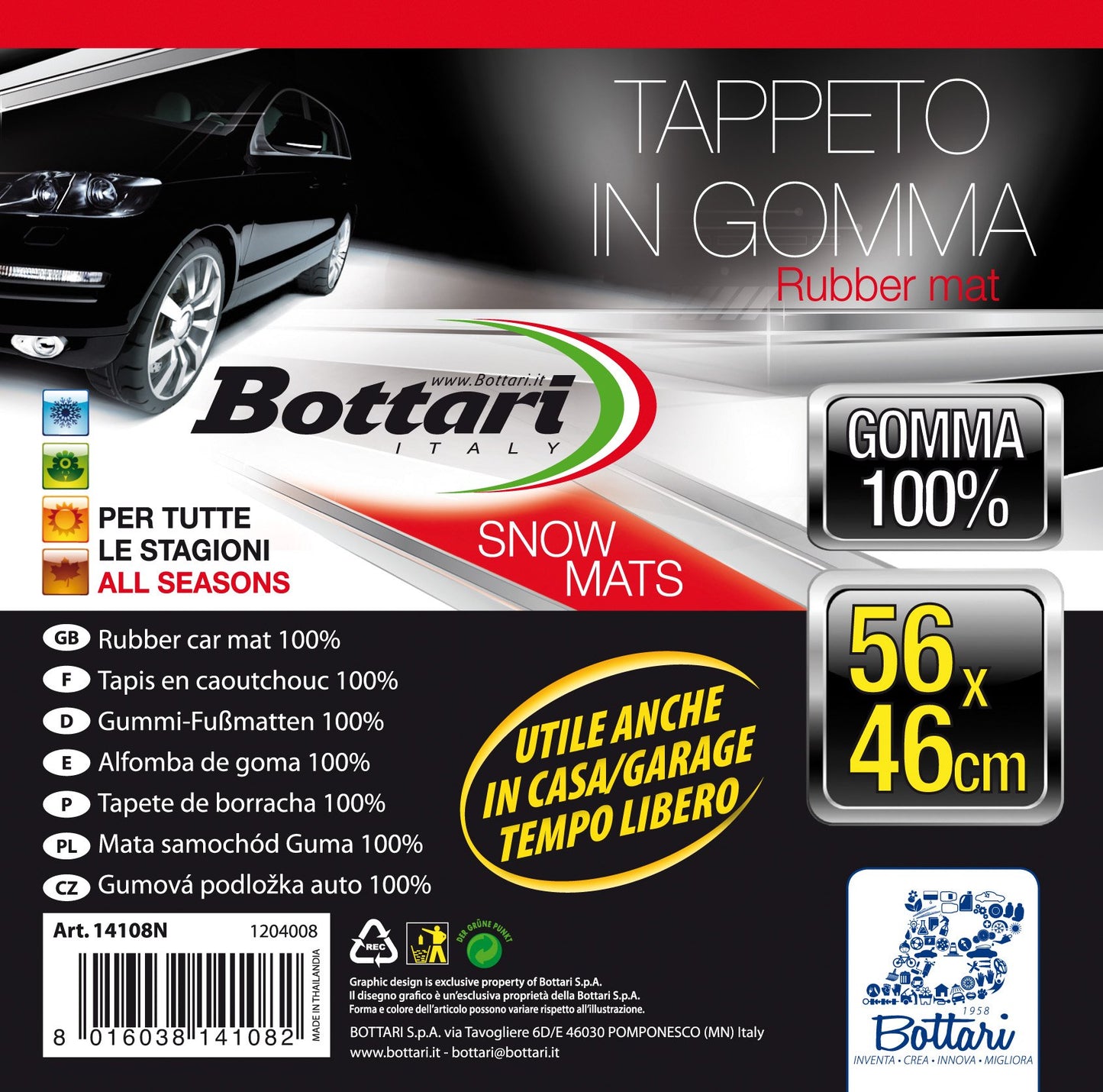 Bottari 14108 Tappetino Rettangolare Snow Mat in Gomma Inodore, con Bordi Rialzati, 56 x 46 cm, Antiscivolo, 1pz
