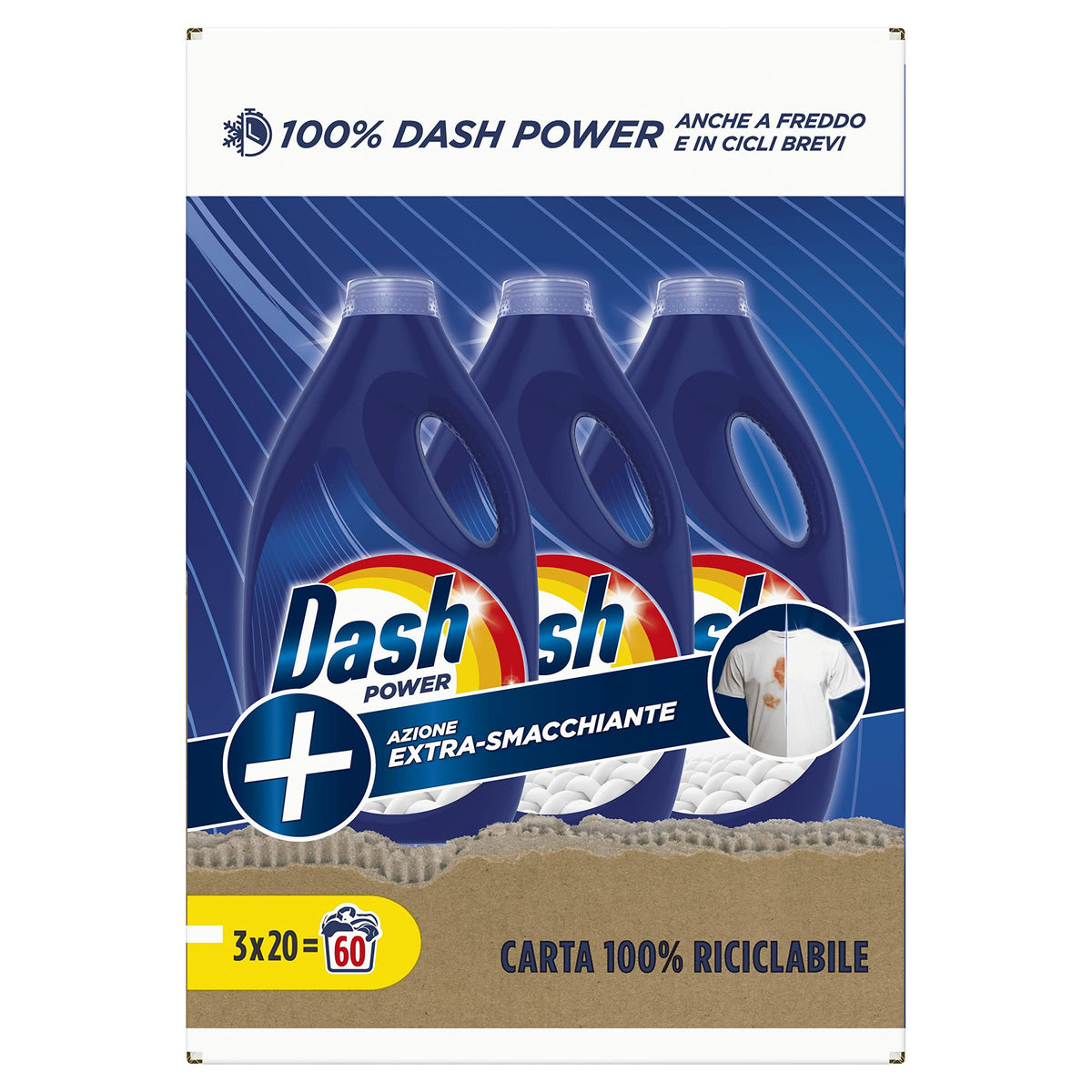Dash Power Detersivo Liquido Lavatrice, 60 Lavaggi, Azione Extra-Smacchiante, Extra Rimozione Macchie, Efficace Anche A Freddo E In Cicli Brevi