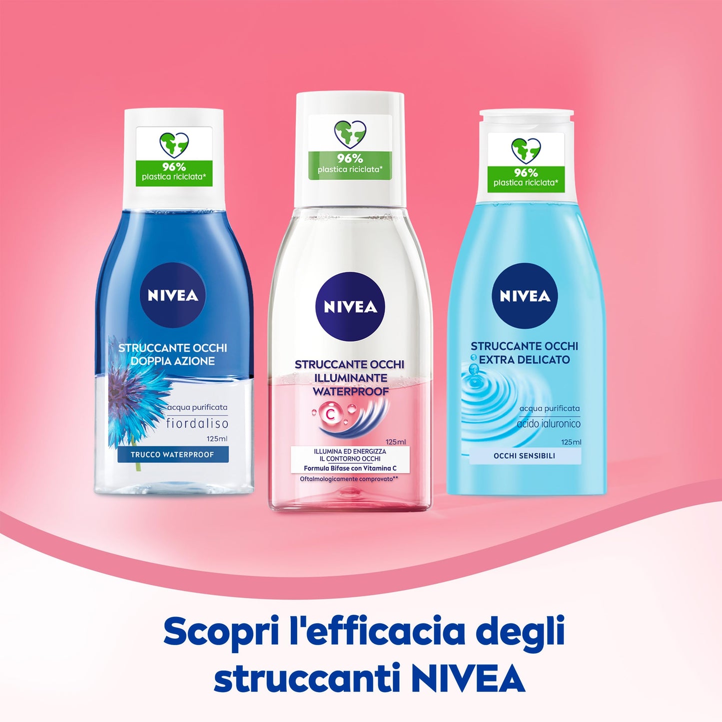NIVEA Struccante Occhi Bifase Illuminante Waterproof 125 ml, Struccante bifasico per gli occhi arricchito con vitamina C energizzante, Olio struccante bifase per il trucco waterproof