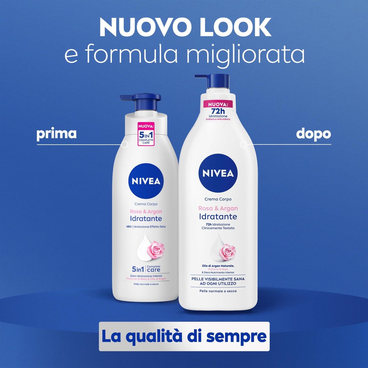 NIVEA Crema Corpo Idratante Rosa & Argan 500 ml, Crema idratante corpo 72h, Crema corpo profumata con Acido Ialuronico Puro e Siero Nutrimento Intenso, Crema corpo idratante pelle secca o normale