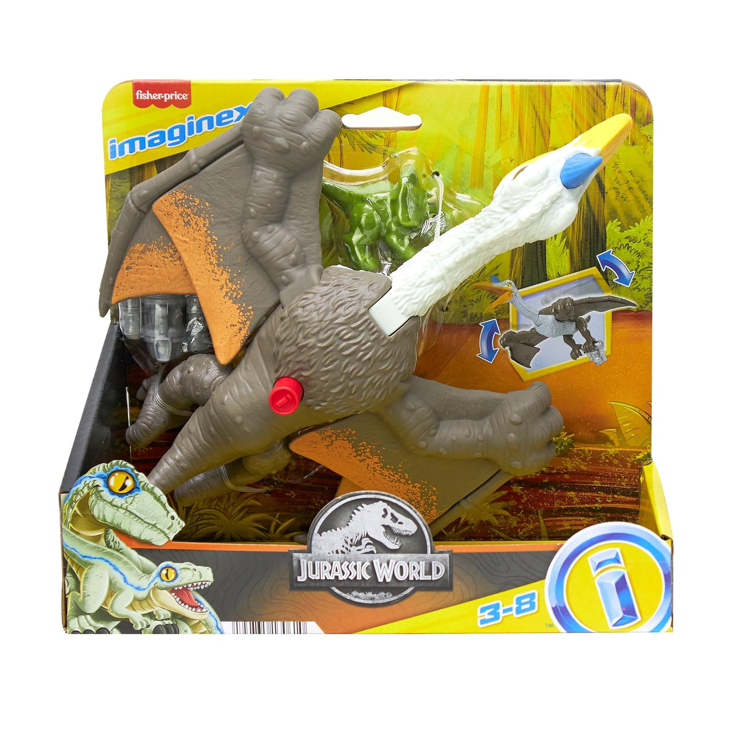 Imaginext Jurassic World Dominion - Quetzal Agguato in volo, dinosauro da 18 cm con ali mobili e accessorio imbracatura, triceratopo preda incluso, giocattolo per bambini, 3+ anni, HML44