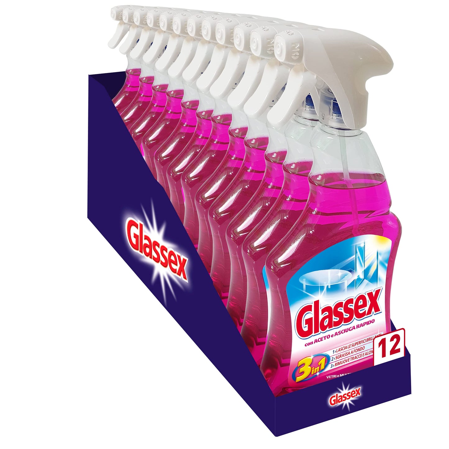 Glassex Spray Superfici Con, Spray Per Vetri, Spray Multiuso, Spray Superfici Da 500 Ml, Multicolore, Aceto, Limone, 12 Flaconi