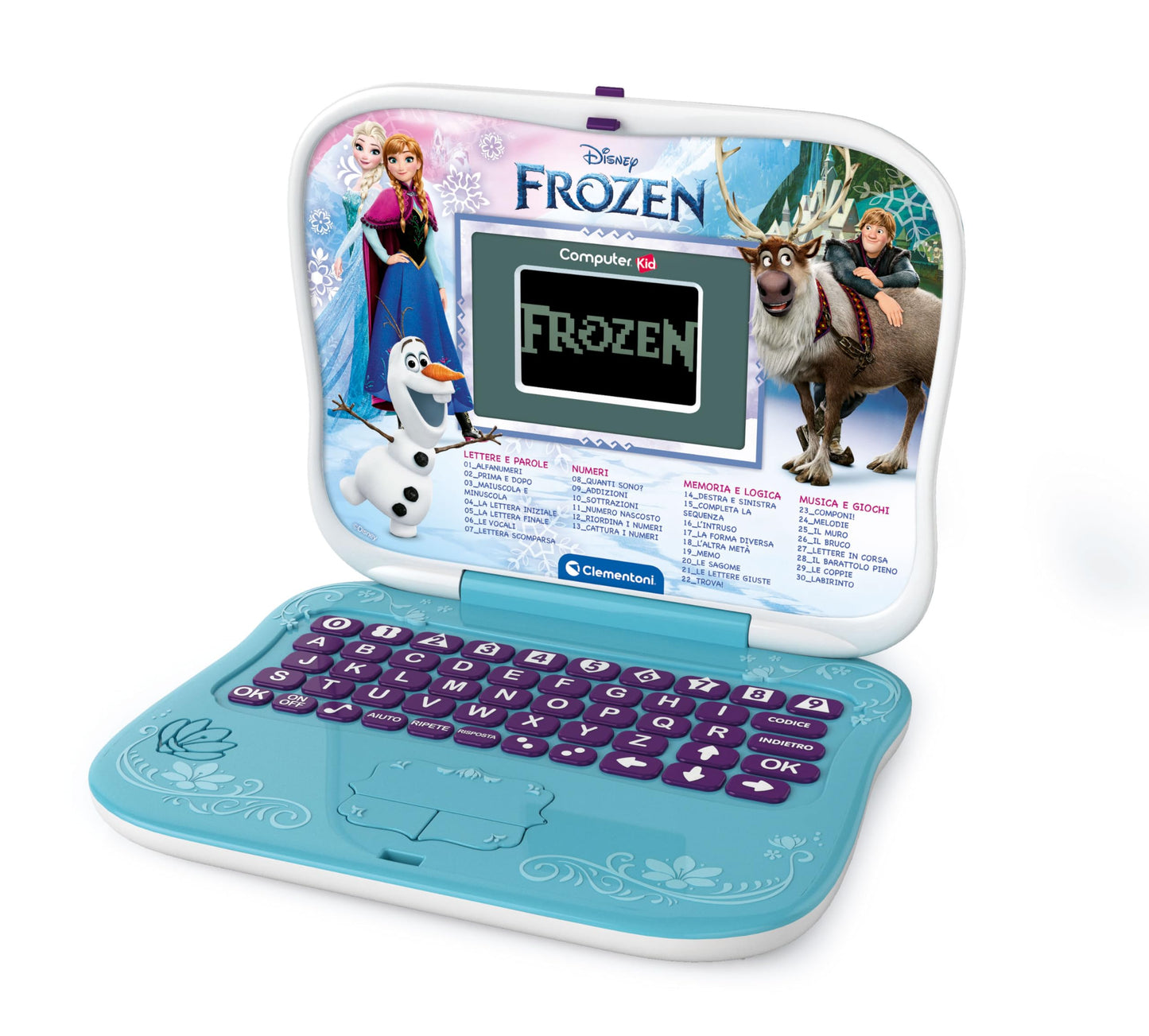 Clementoni - Computer Kid Frozen Laptop Educativo Bambini 4+ Anni, 30 attività Educative, Gioco Elettronico per Imparare Lettere, Numeri, Musica e Logica, Batterie Incluse, Lingua Italiana, 16823