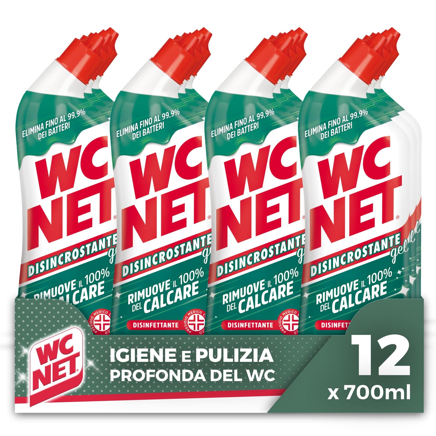Wc Net Disincrostante Disinfettante Gel per Sanitari e Superfici, Pulitore Liquido per Wc, 700 ml x 12 Confezioni