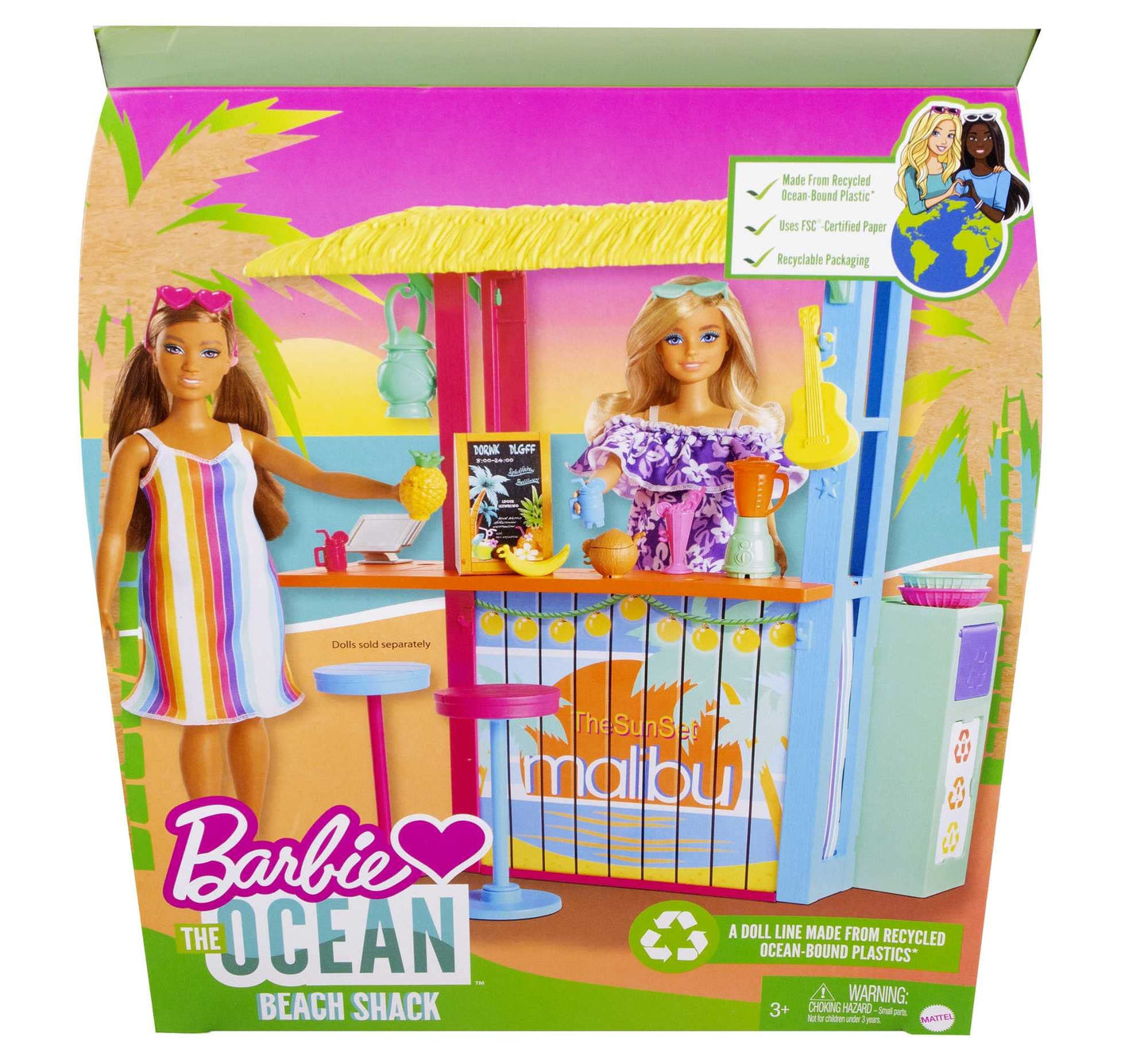 Barbie- Chiosco da Spiaggia di Malibù con 2 Sedute per Bambole e Tanti Accessori, Giocattolo per Bambini 3+Anni, GYG23