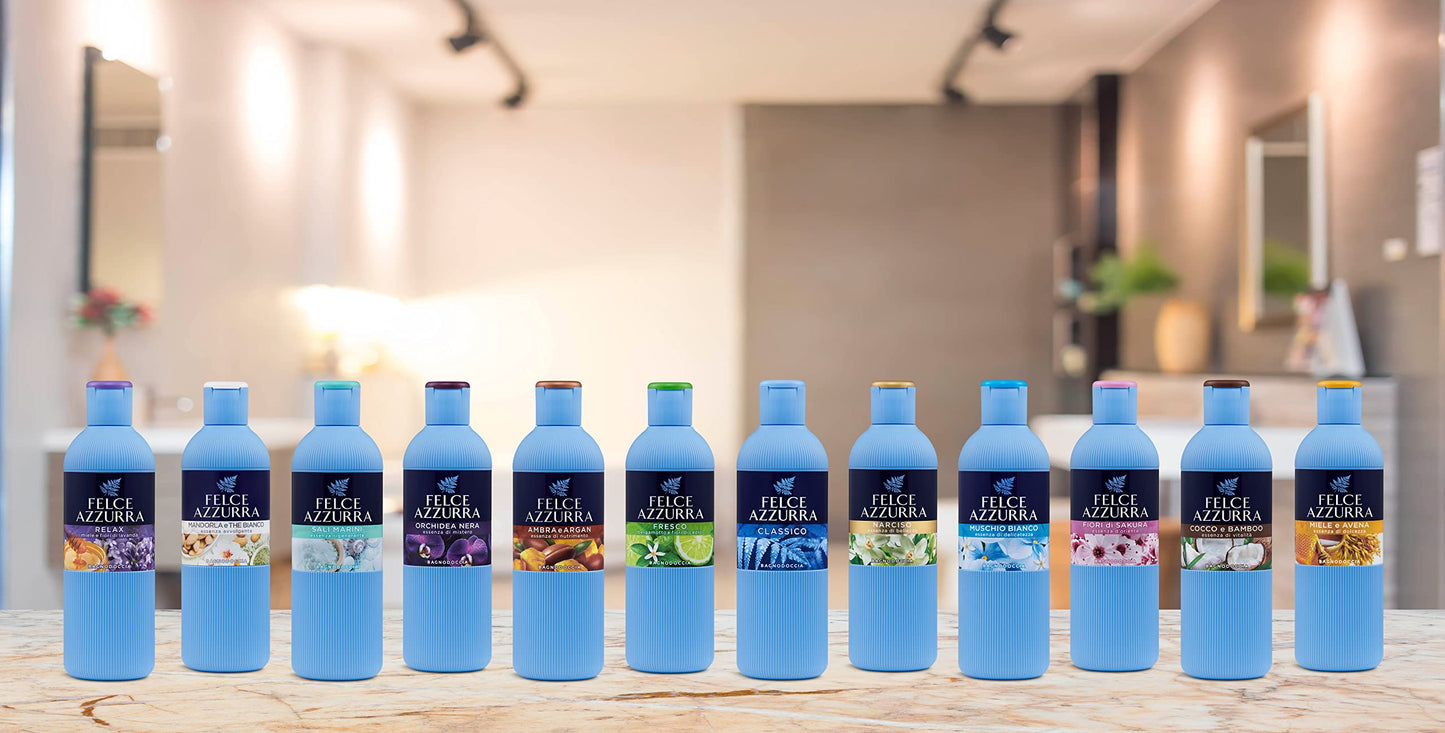 Felce Azzurra - Bagnoschiuma Profumato Fresco Bergamotto, Bagno Schiuma Detergente Delicato Idratante per Pelle Morbida, Note Esotiche Cocco e Cannella, Bagnodoccia Dermatologicamente Testato, 650 ml