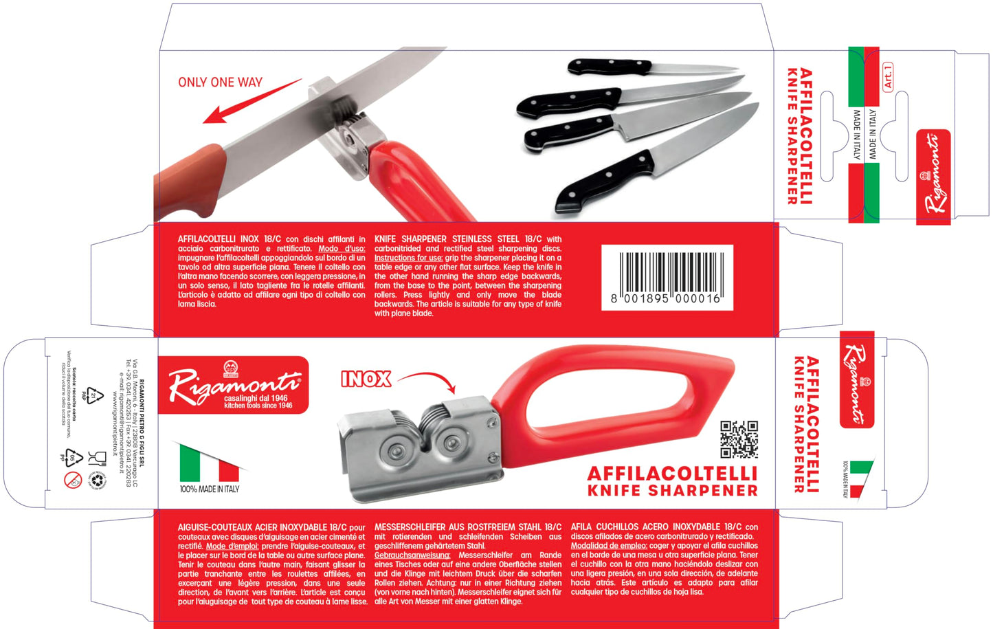 Rigamonti Affilacoltelli Easy Sharp. Affilatore di coltelli per uso professionale o casalingo. Manico in plastica per impugnatua comoda e sicura. Affilatore per cucina per lame e coltelli.