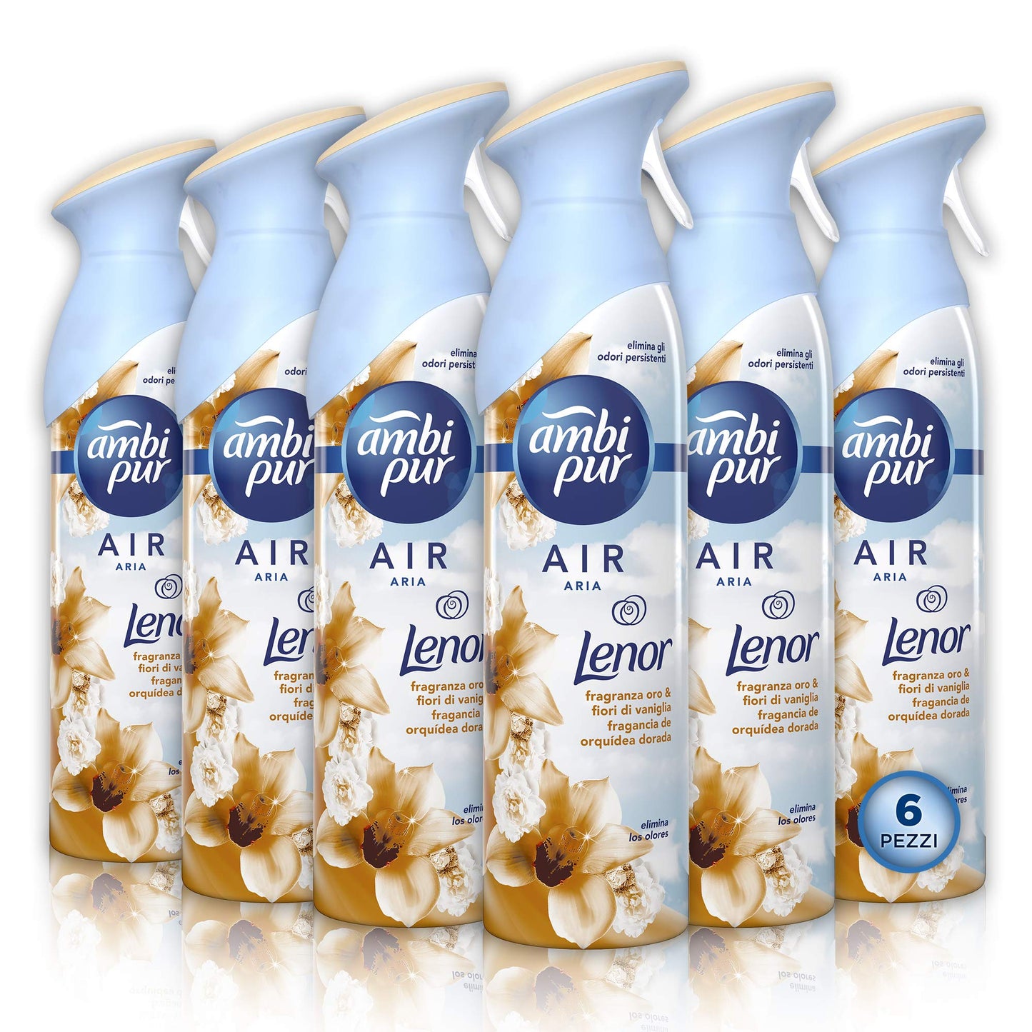 Ambi Pur Orchidea Dorata Deodorante per Ambienti Spray, Propellente Naturale al 100% e Eliminazione Degli Odori in Qualsiasi Stanza della Casa, 6 x 300 ml