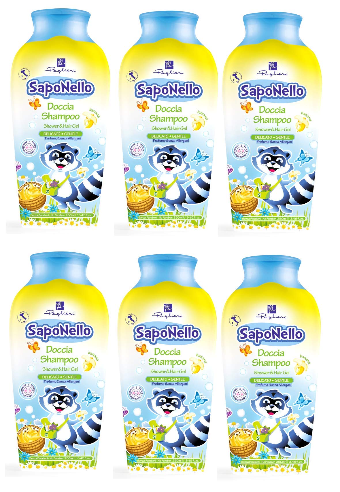 6 X Paglieri SAPONELLO delicato Gel Doccia & Shampoo Delicato per Bambini 250 ML