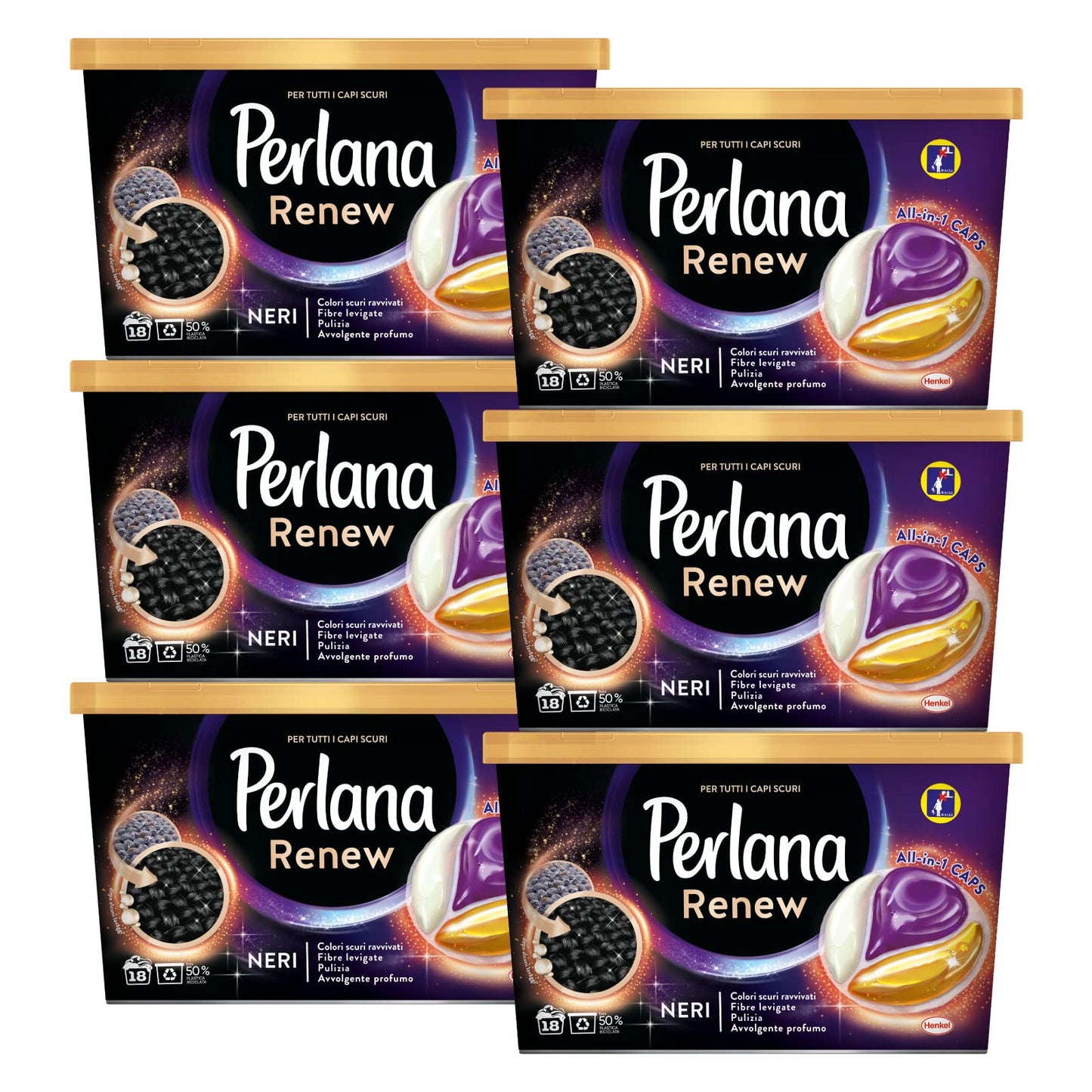 6x Perlana Renew Neri All in 1 Caps Detersivo in Capsule per Lavatrice per Capi Scuri - 6 Confezioni da 18 Capsule
