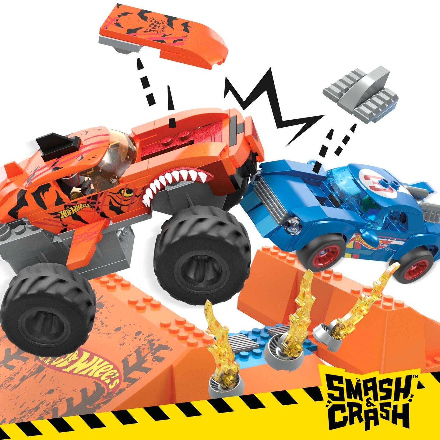 MEGA Hot Wheels - Tiger Shark Super Scontri, set da costruire da 226 pezzi, con cofano che si stacca all'impatto e 1 personaggio pilota snodato incluso, giocattolo per bambini, 5+ anni, HKF88