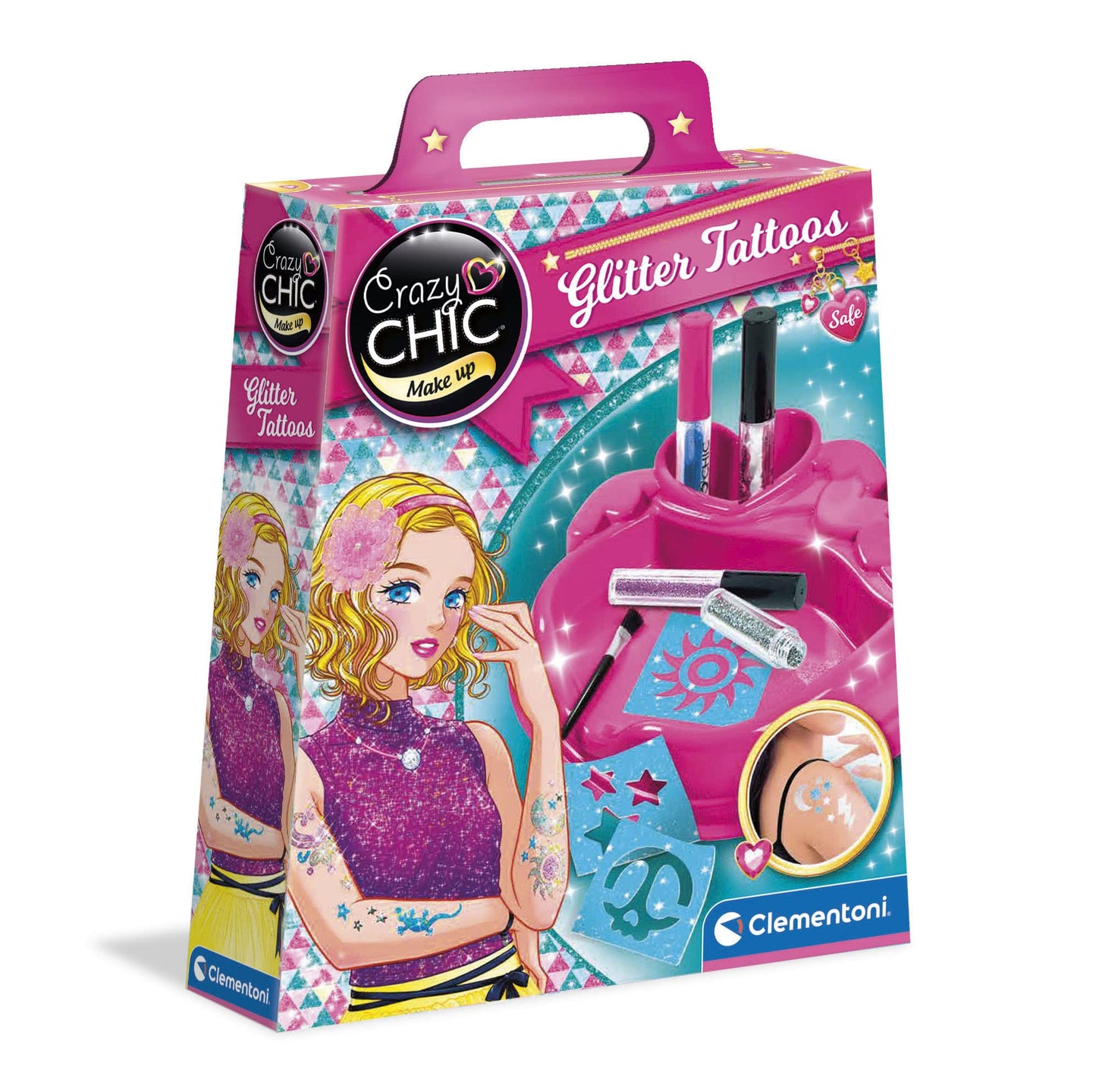 Clementoni Crazy Chic - Glitter Tattoo, Gioco Creativo Bambini 6+ Anni, Kit per Creare Tatuaggi Temporanei Glitterati, Stencil Adesivi e Accessori per Decorazioni per Il Corpo, 18513