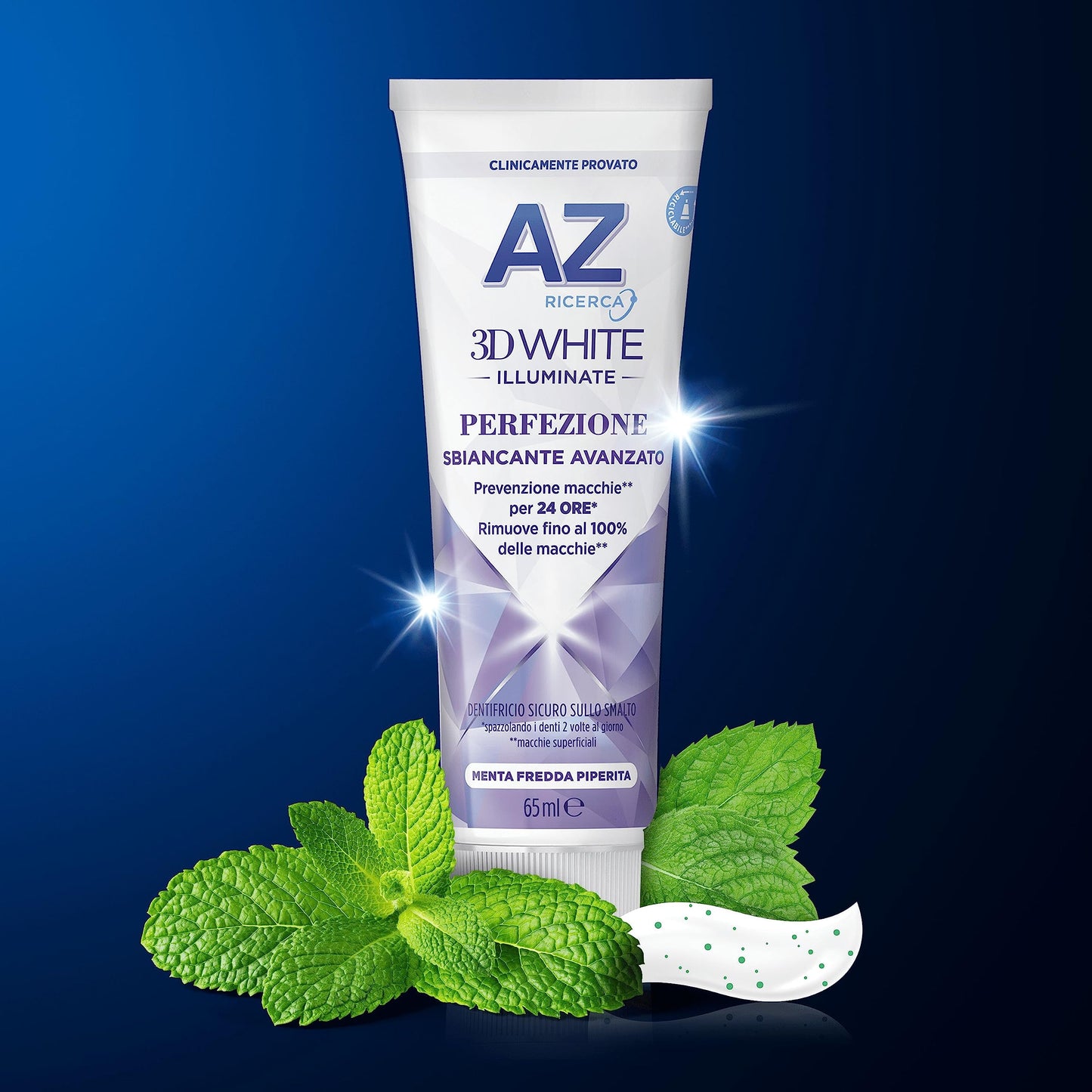 AZ Ricerca DENTIFRICIO 3D White Illuminate Perfezione, SBIANCANTE AVANZATO, RIMUOVE Fino al 100% delle MACCHIE Superficiali, Confezione da 6 Dentifrici (6x50ml), Gusto MENTA FREDDA PIPERITA