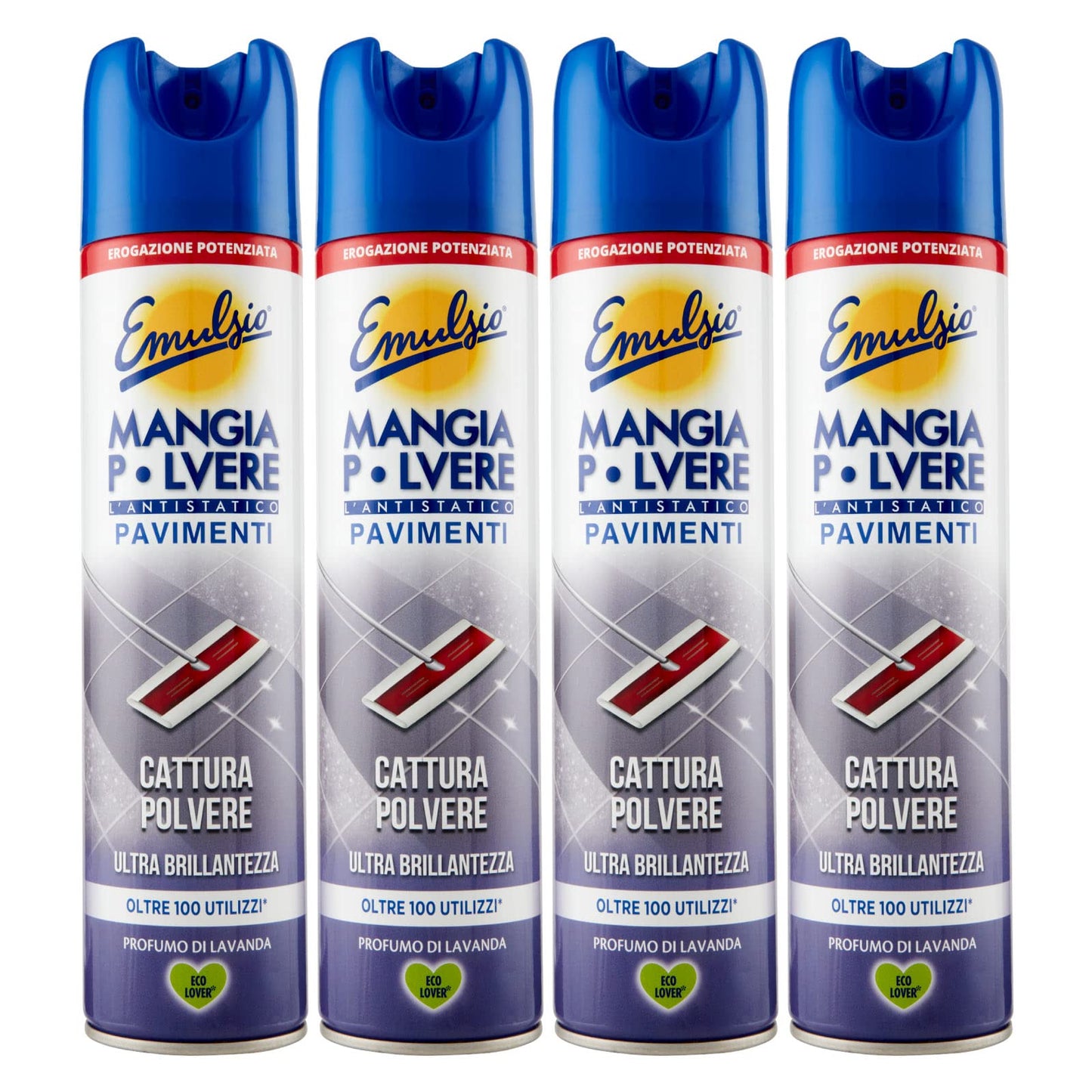 Emulsio Mangia Polvere L'antistatico Pavimenti Cattura Polvere e Ultra Brillantezza alla Lavanda - 4 Flaconi Spray da 300ml ognuno
