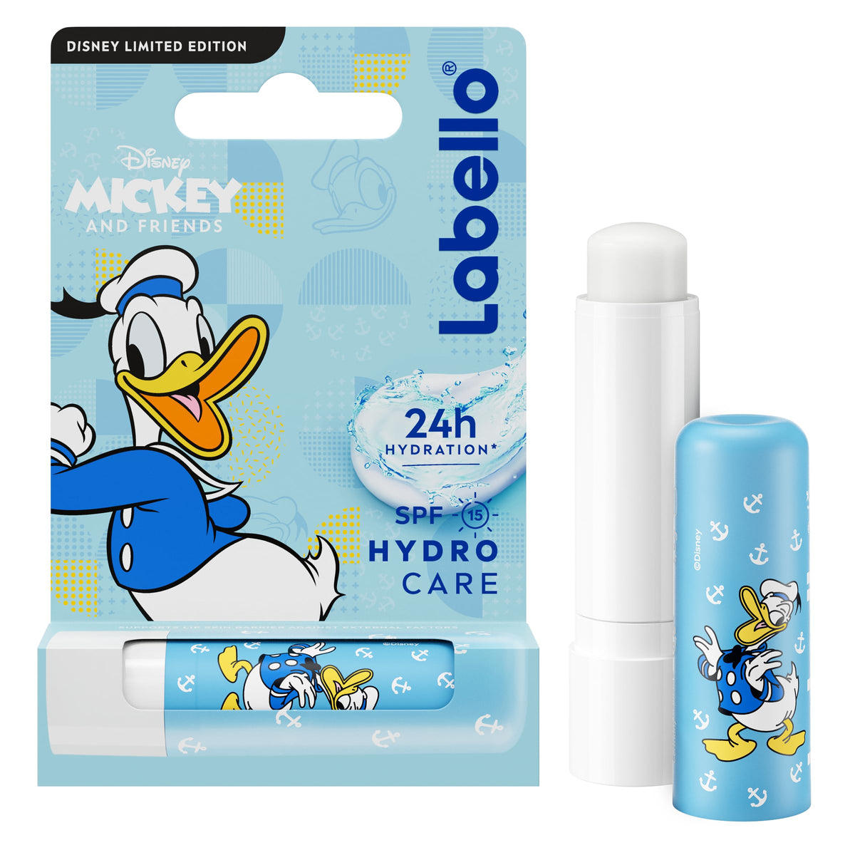 LABELLO Hydro Care Limited Edition Donald Duck (1 x 5,5 ml), stick labbra idratante FPS 15 per bambini, balsamo per labbra nutriente idratazione a lunga durata