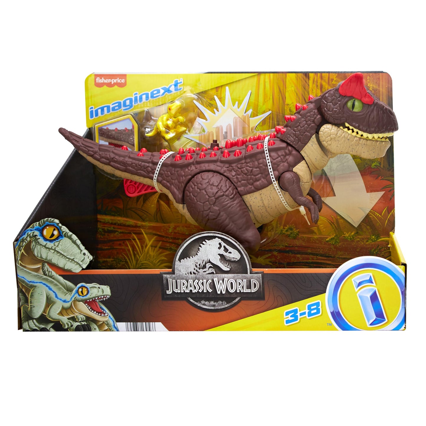 Fisher-Price Imaginext Jurassic World - Carnotauro Aculei Pungenti, Dinosauro Alto 28+ cm con Cucciolo di Velociraptor Incluso e Pulsante attivazione fauci, Giocattolo per Bambini, 3+ Anni, HML42