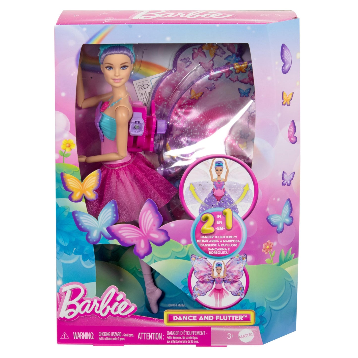 Barbie - Ali Scintillanti, bambola dai capelli viola, trasformazione 2 in 1 da ballerina a farfalla con ali apribili, cerchietto e tutù rimovibile inclusi, giocattolo per bambini, 3+ anni, HXJ10