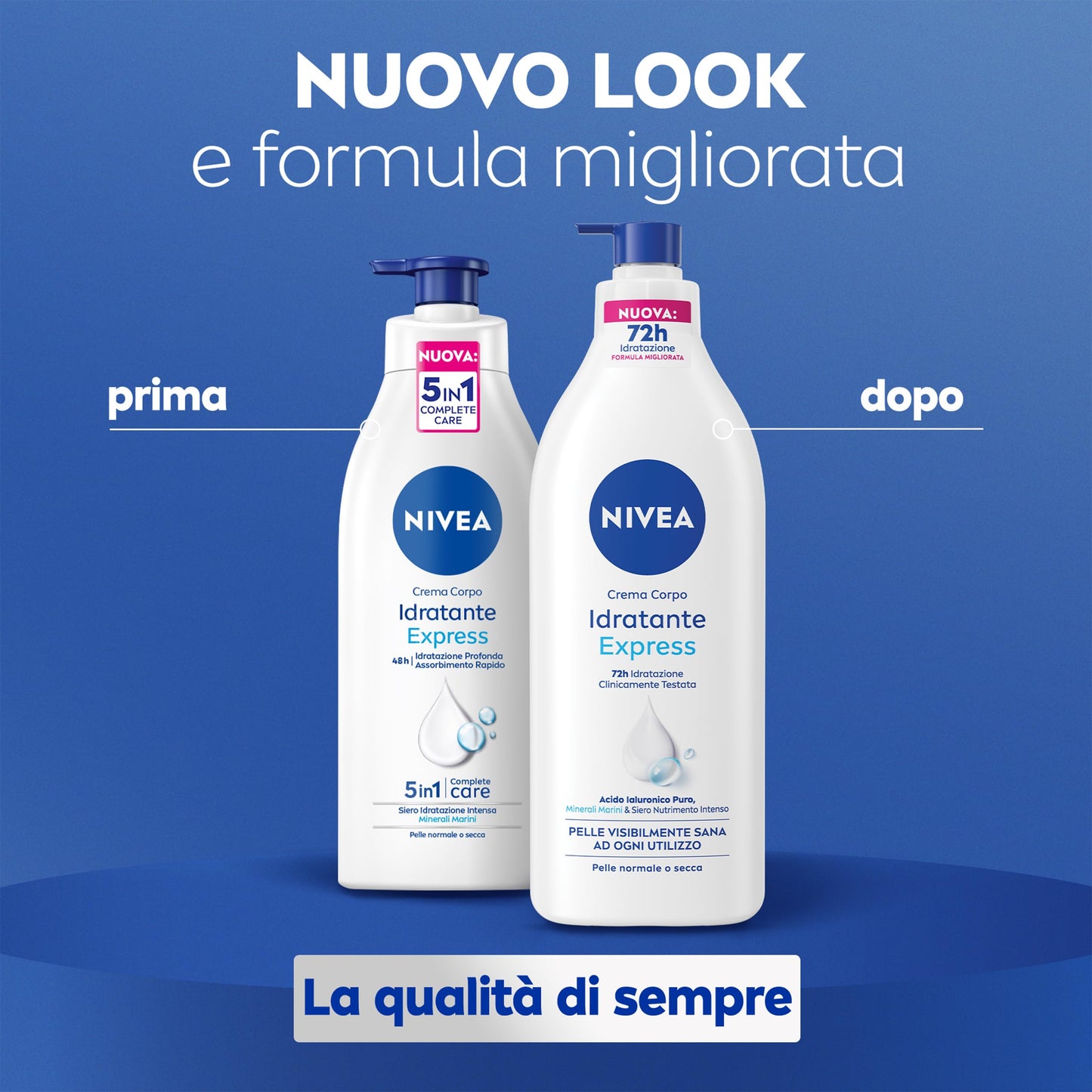 NIVEA Crema Corpo Idratante Express 500 ml, Crema idratante corpo 72h arricchita con Acido Ialuronico Puro, Minerali Marini e Siero Nutrimento Intenso, Crema corpo idratante pelle secca o normale