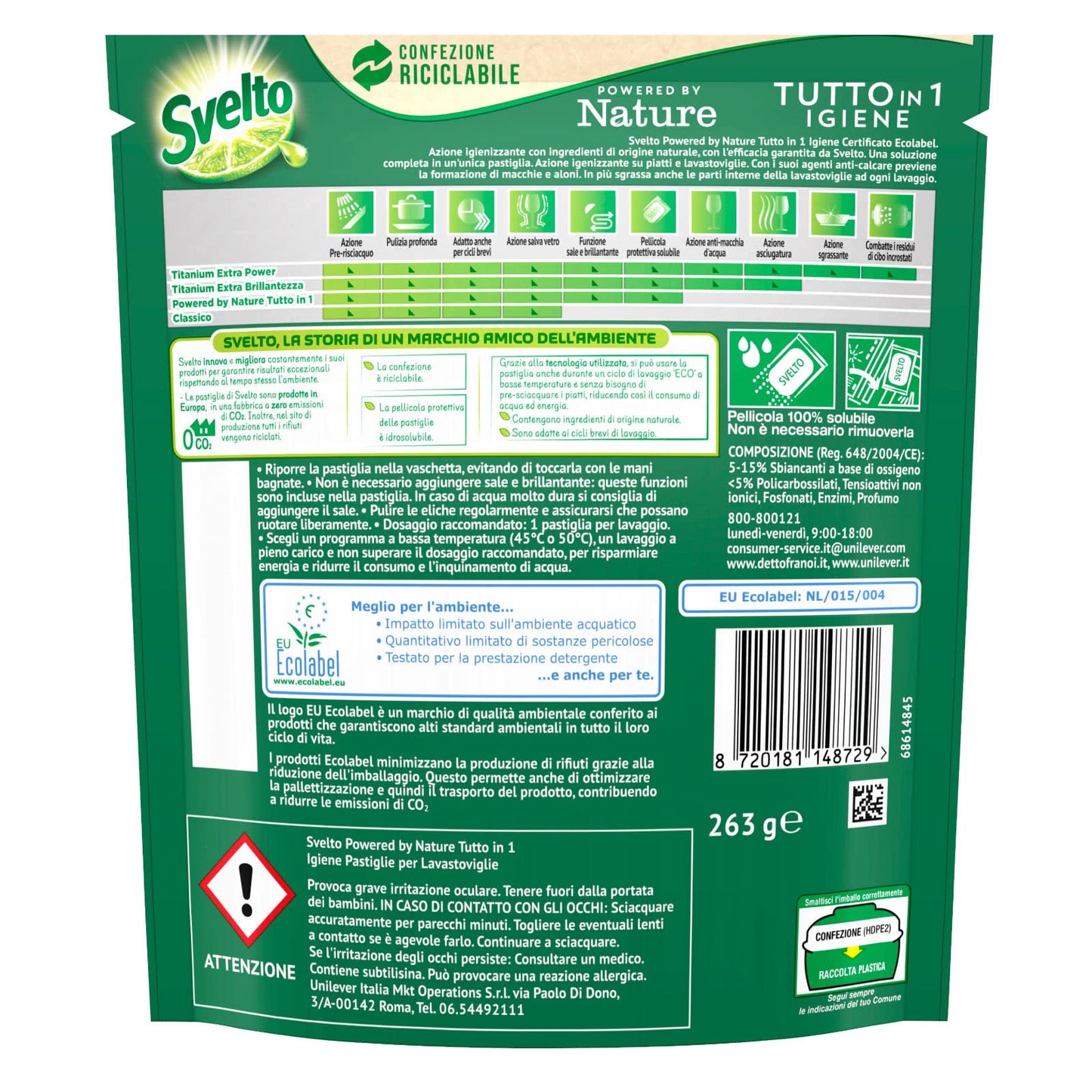 Svelto Powered By Nature Tutto in 1 Pastiglie Idrosolubili per Lavastoviglie Azione Igienizzante Agenti Anticalcare contro Sporco e Macchie - 9 Confezioni da 15 Pastiglie