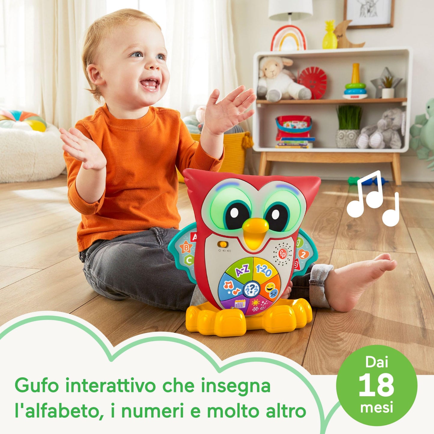 Fisher-Price - Parlamici Baby Gufo Luminoso Impara con Me, edizione italiana, giocattolo interattivo musicale con luci e movimenti per l'apprendimento, giocattolo per bambini, 18+ mesi, HJN64