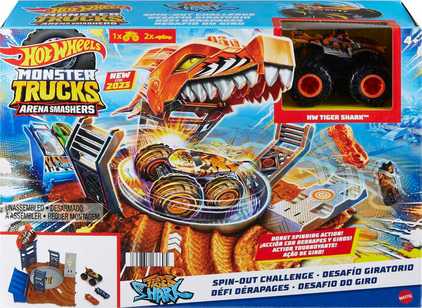 Hot Wheels - Hot Wheels Monster Trucks Arena degli Scontri, Sfida in Testacoda con Tiger Shark, playset con un truck e 2 macchinine da distruggere, giocattolo per bambini 4+ Anni, HNB93
