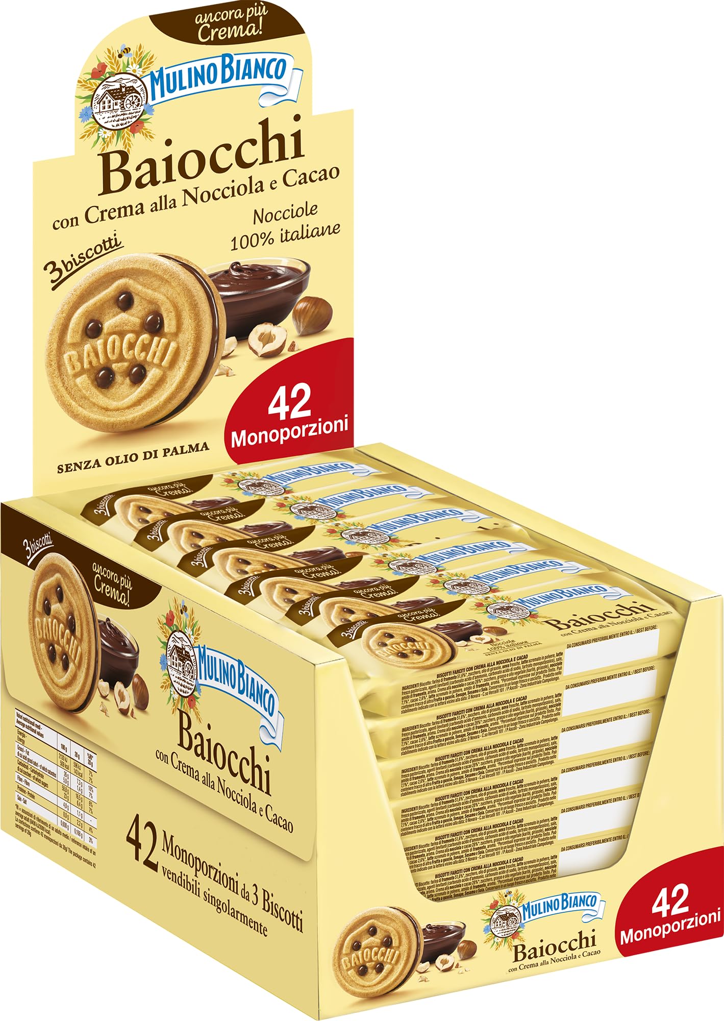 Mulino Bianco Biscotti Baiocchi con Crema alla Nocciola e Cacao, Snack Ideale per Colazione e Snack Dolce per la Merenda, Confezione da 42 Pacchetti