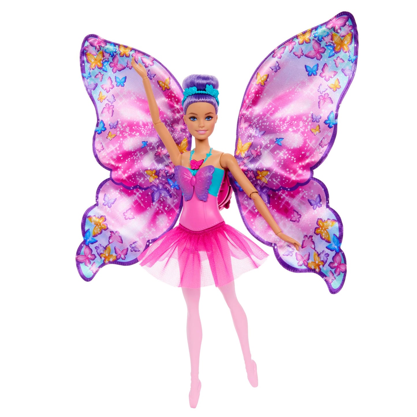 Barbie - Ali Scintillanti, bambola dai capelli viola, trasformazione 2 in 1 da ballerina a farfalla con ali apribili, cerchietto e tutù rimovibile inclusi, giocattolo per bambini, 3+ anni, HXJ10