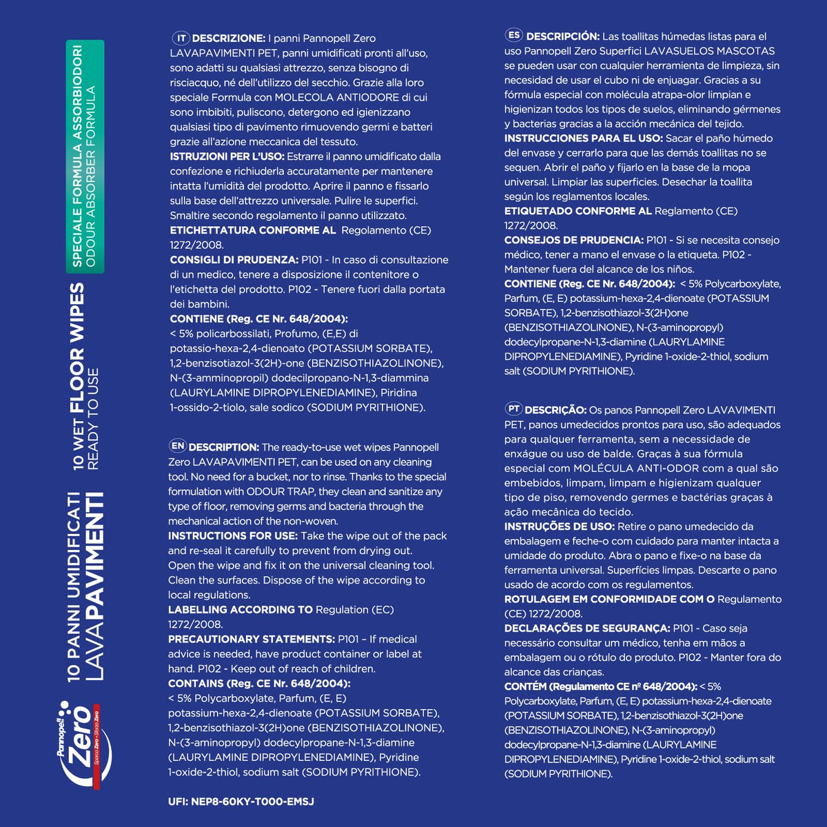 Panni Lavapavimenti Umidificati Zero Igienizzante (100 Salviette) – Pronto All’uso Animali PET, 30x40cm – Salviette Assorbi Odori Disinfettanti Superfici per Pulizia Casa - 10 Confezioni da 10 Pz