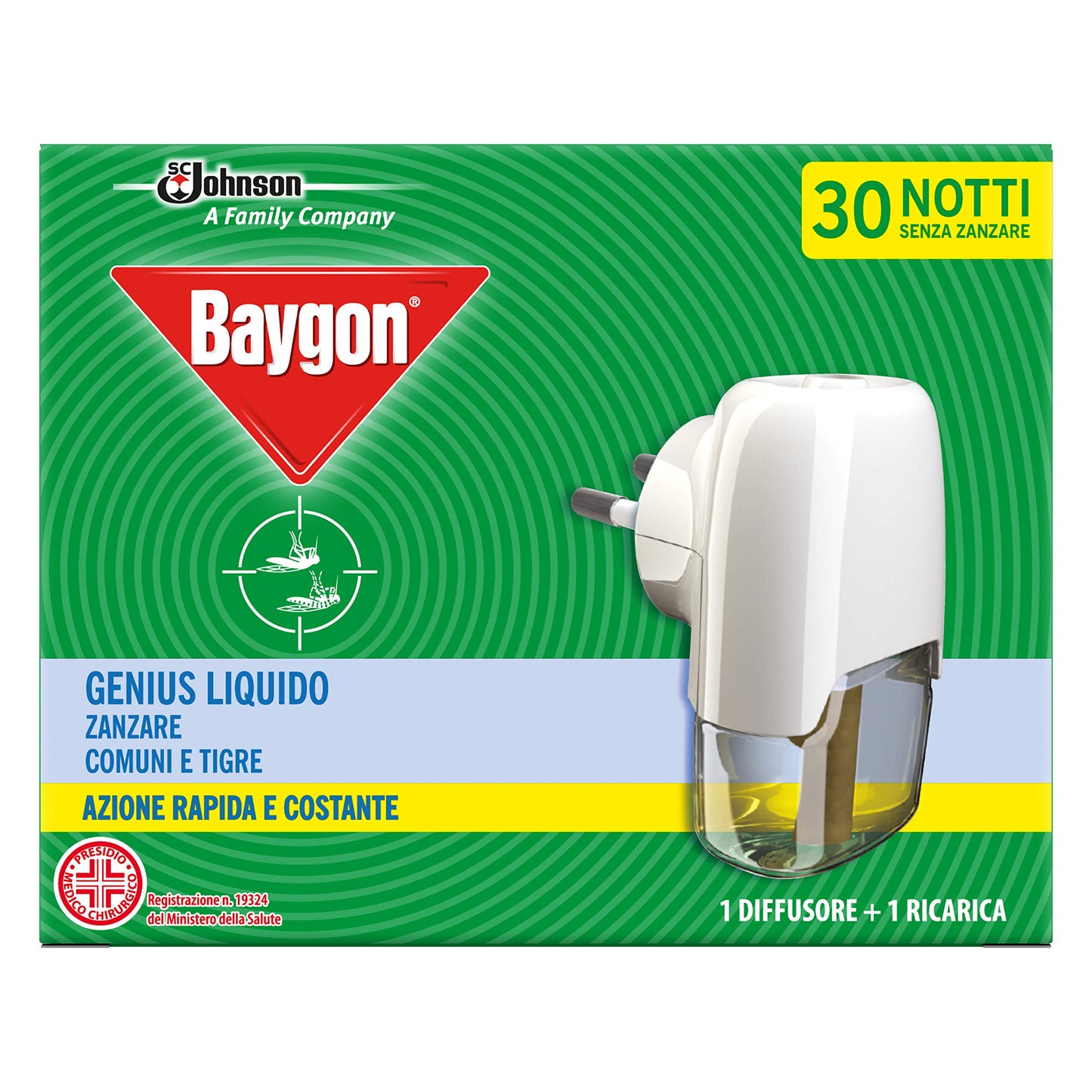Baygon Genius Liquido, Antizanzare Tigre e Comuni, Azione Rapida, Contiene 1 Diffusore e 1 Ricarica, Durata 30 Notti