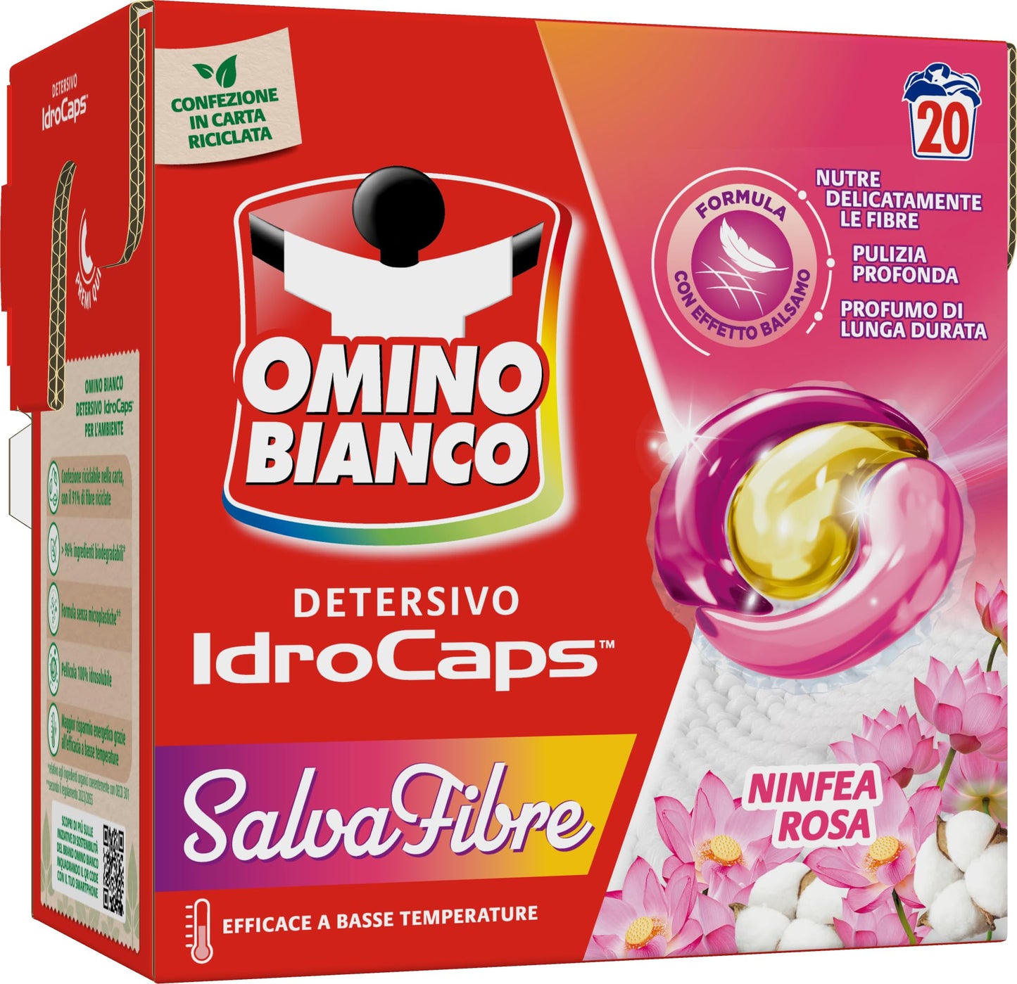 Omino Bianco Idrocaps - Detersivo Lavatrice In Capsule Salva Fibre, 20 Lavaggi, Efficace a Basse Temperature, Profumo Ninfea Rosa, 20 Caps