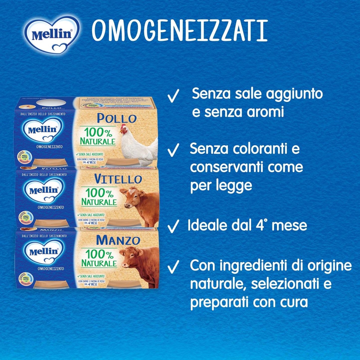 Mellin Omogeneizzato Naturale, Mix Gusti Carne, 24 Vasetti Da 80 Gr