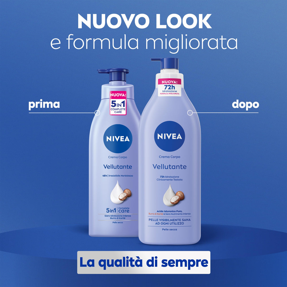 NIVEA Crema Corpo Vellutante 500 ml, Crema idratante corpo 72h arricchita con Acido Ialuronico Puro, Burro di Karité e Siero Nutrimento Intenso, Crema corpo idratante pelle secca