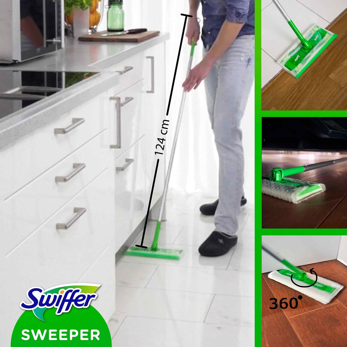 Swiffer Lavapavimenti, 1 Scopa E 8 Panni Microfibra Catturapolvere Dry E 3 Panni Wet