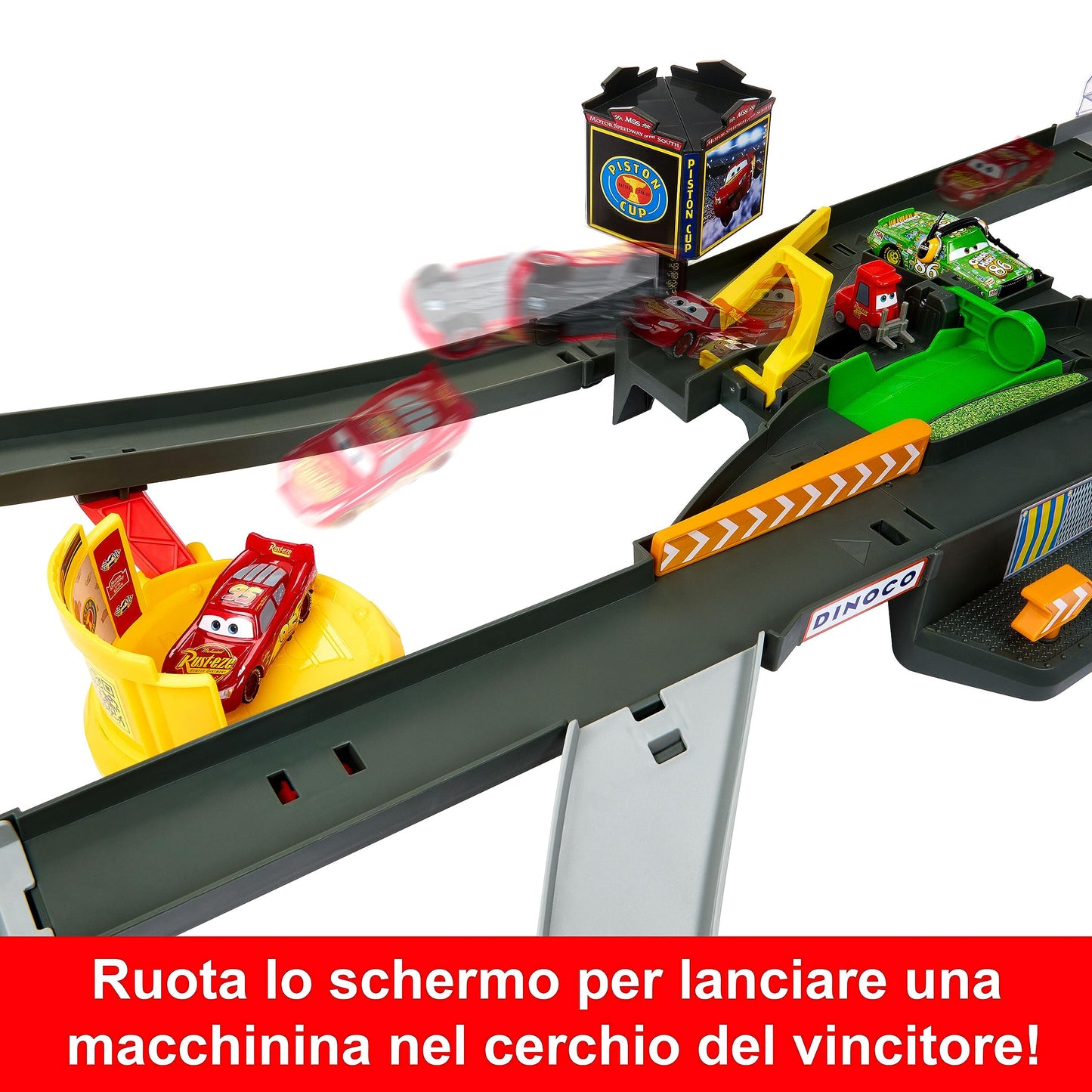 Mattel Disney Pixar CARS - Pista Azione Piston Cup, playset pista interattiva con macchinina die-cast Saetta McQueen inclusa, giocattolo per bambini, 4+ anni, HPD81