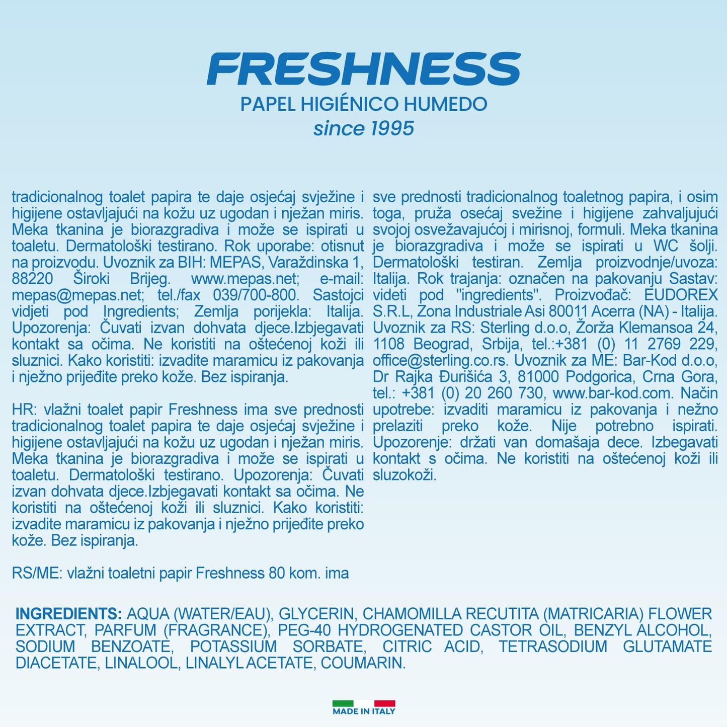 FRESHNESS Salviette WC Carta igienica umida 80 unità. Asciugamano, Multicolore, 80 Pezzi